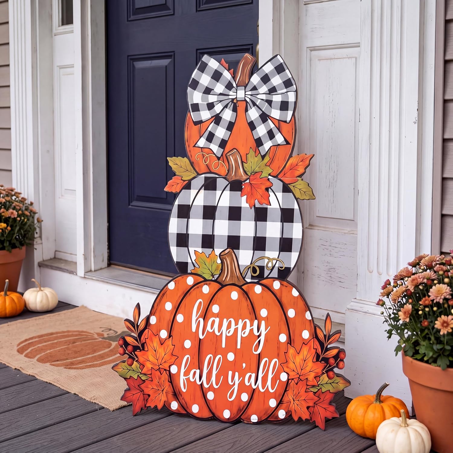 Pinkunn Fall Decor for Front Porch Door Wood Stacked Pumpkin Outdoor Sign