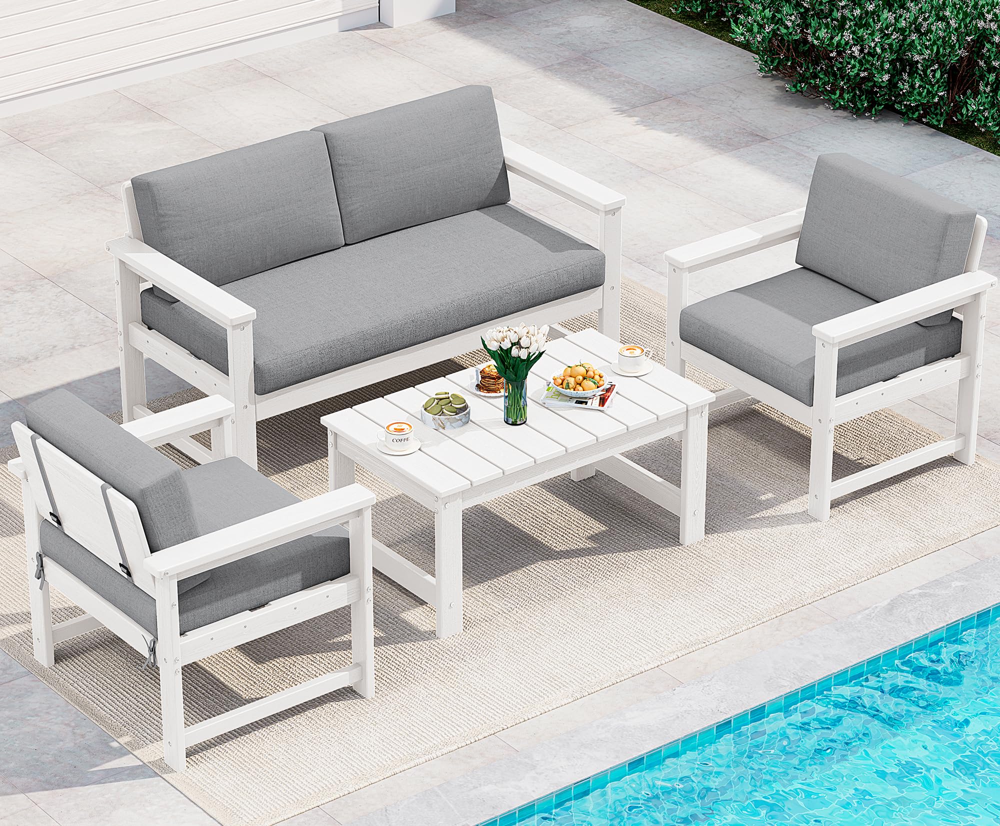 SERWALL 4 Pieces HDPE Outdoor Conversation Sofa Set with Cushions