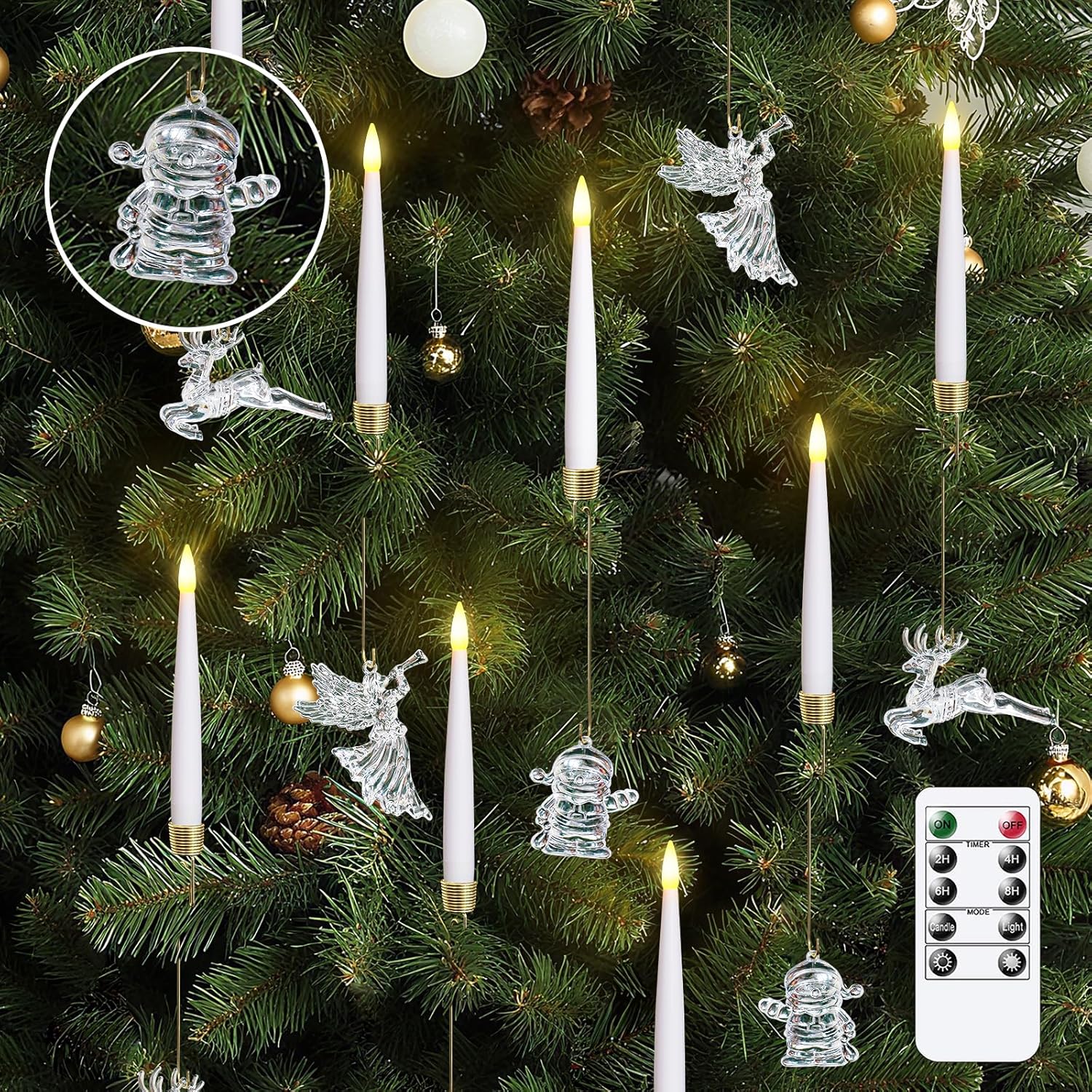 Set of 12 Flameless White Plastic 0.5" x6" Taper Candles for Tree with Remote and Timer, LED Flickering Battery Operated Warm Glow for Festival Decor with Clear Crystal Ball Hook