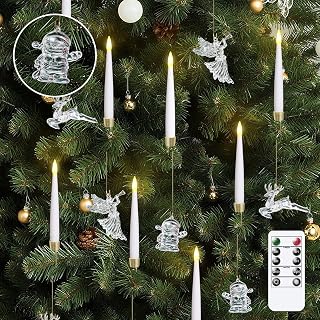 12pcs Flameless LED Taper Candles Battery Operated with Timer & Remote, 0.5" x6" White Plastic Flickering Warm Light for Festival Decor (Included Elk, Angel, Snowman Hooks)
