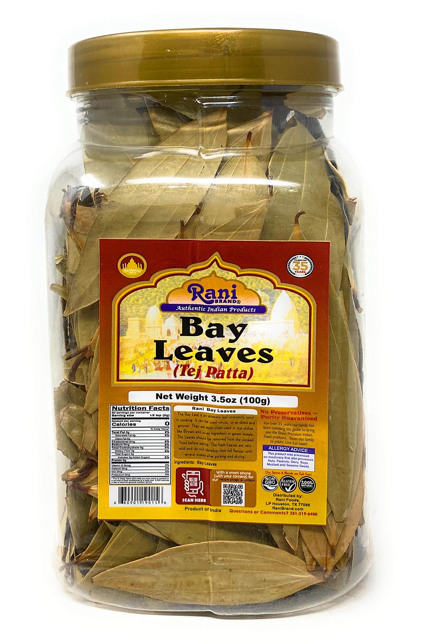Rani Bay Leaf (Leaves) Whole Spice Hand Selected Extra Large 3.5oz (100g) PET Jar ~ All Natural | Gluten Friendly | NON-GMO | Kosher | Vegan | Indian Origin (Tej Patta)