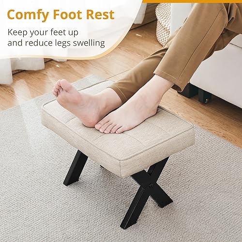 Miniatura 3 de LUE BONA Taburete para pies, taburetes pequeños de 12 pulgadas de alto, reposapiés de lino duradero con patas en X de metal, reposapiés acolchado,