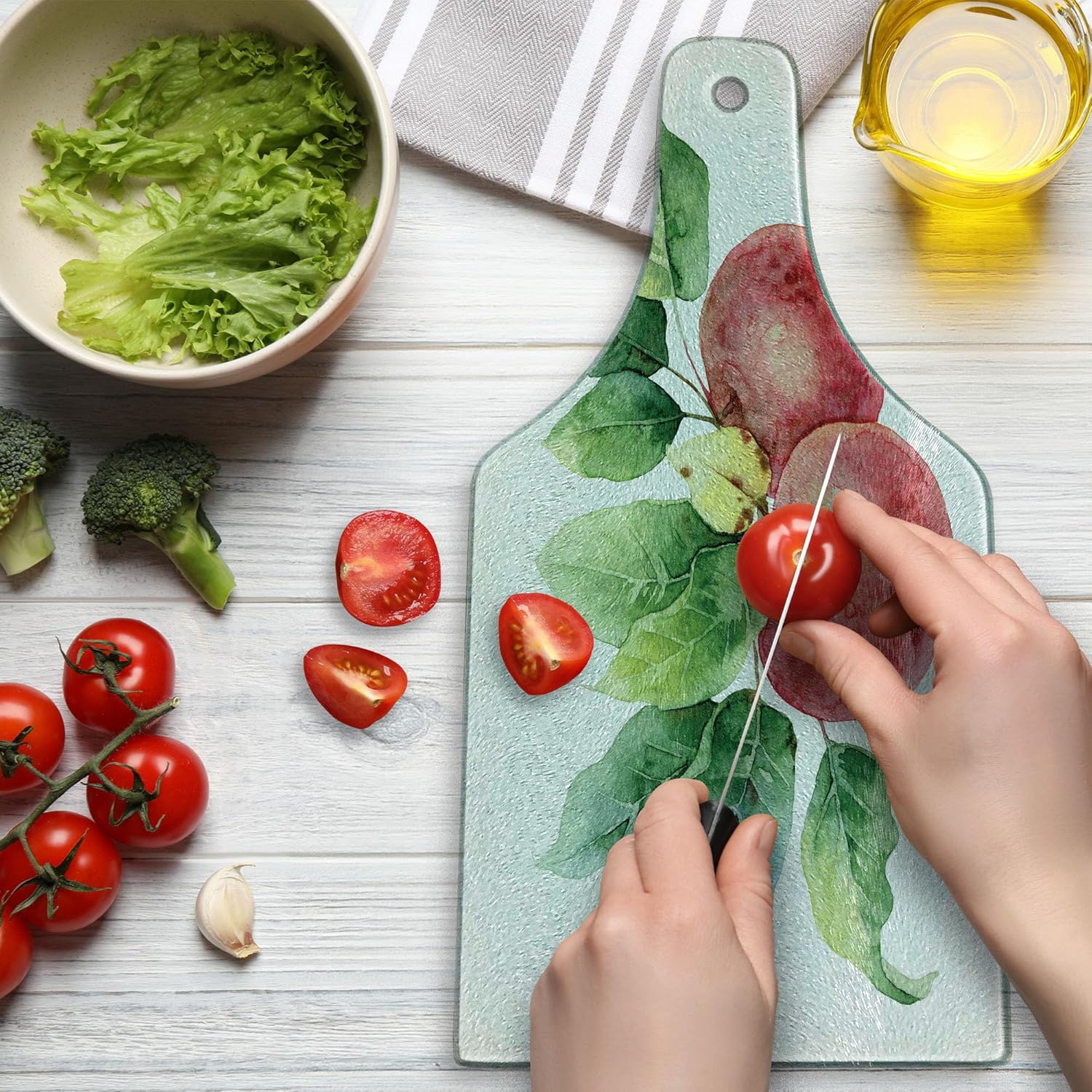 Ambesonne Fruits Cutting Board, Watercolor Paint Print Art Style Branch with Green Leaves Illustration, Decorative Tempered Glass Cutting and Serving Board, Wine Bottle Shape, Dark Coral White Green