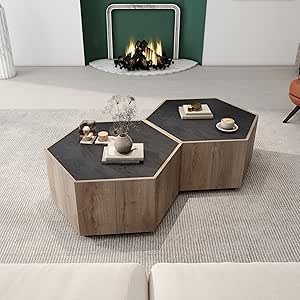 Amazon.com: HanStrong Nesting Coffee Table Set of 2, Hexagonal Wood ...