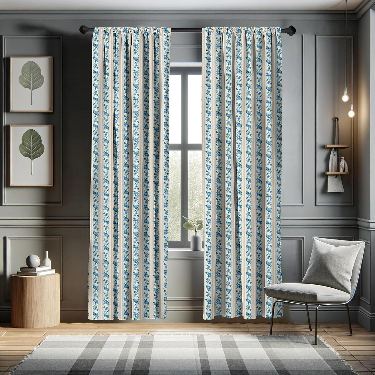 Ambesonne Ivory and Blue Curtains, Romantic Roses with Retro Stripped Background Vertical Illustration, Window Treatments 2 Panel Set for Living Room Bedroom, Pair of - 28" x 95", Ivory Green