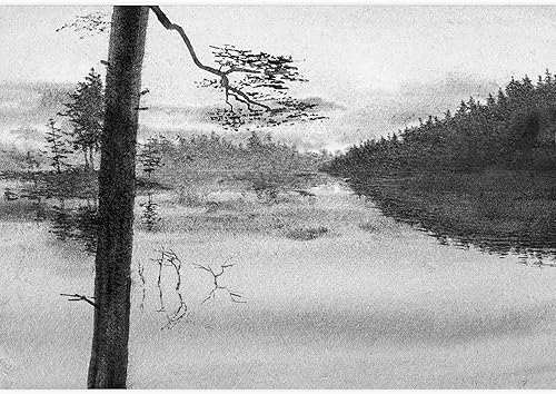 Miniatura 3 de SIGNWIN Adhesivo removible de paredmural de pared, acuarela en blanco y negro, montaña, lago, naturaleza, desierto, bellas artes, duotono, paisaje