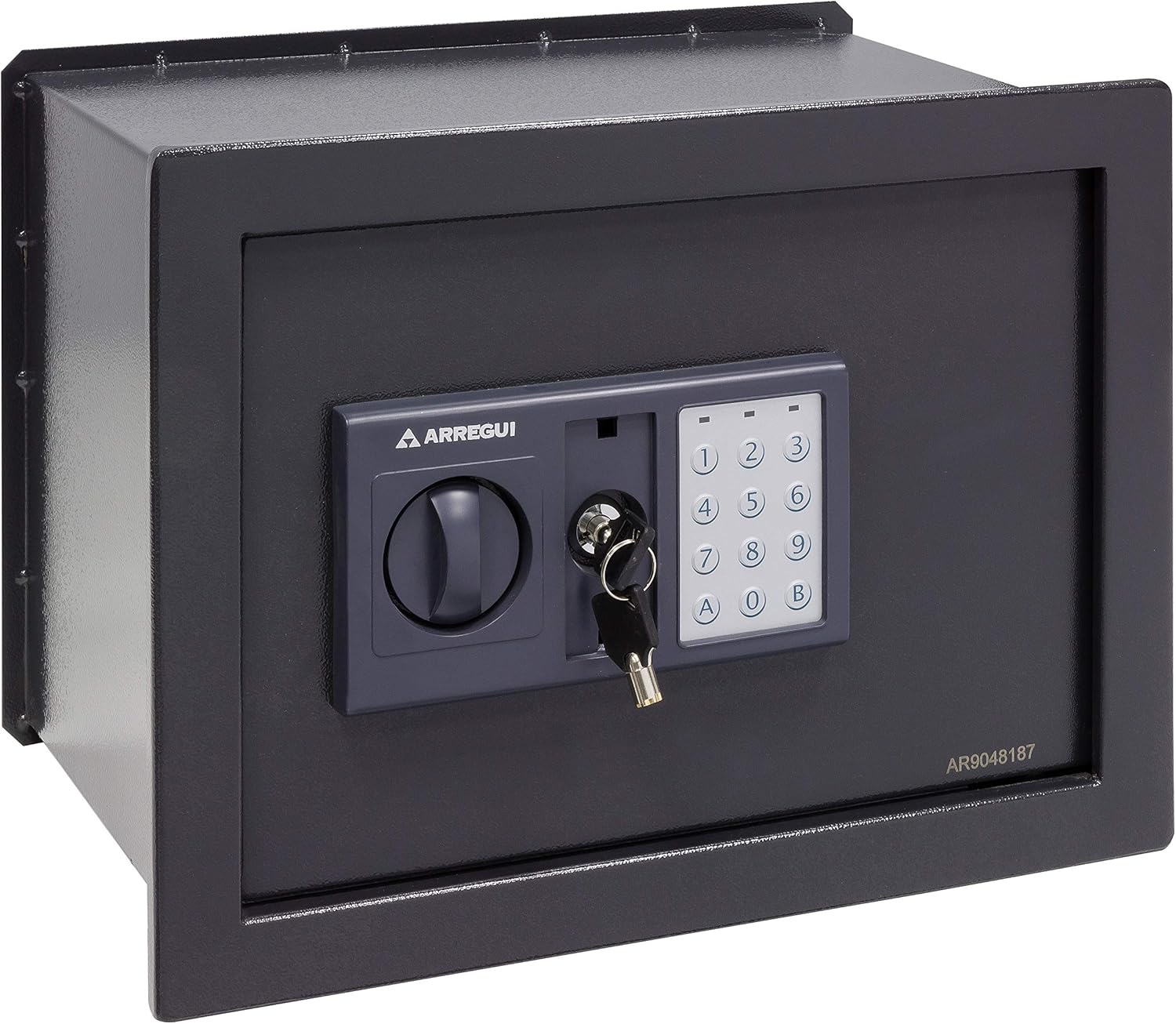 Arregui W25EB electronic safe with the emergency key inserted into the lock, ready for manual opening.