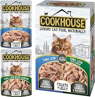 COOKHOUSE 100% Natural & Complete Luxury Wet Cat Food - 36 x 70g Pouches - Tuna Loin/Tuna Loin with Sardine - Fillets in J...