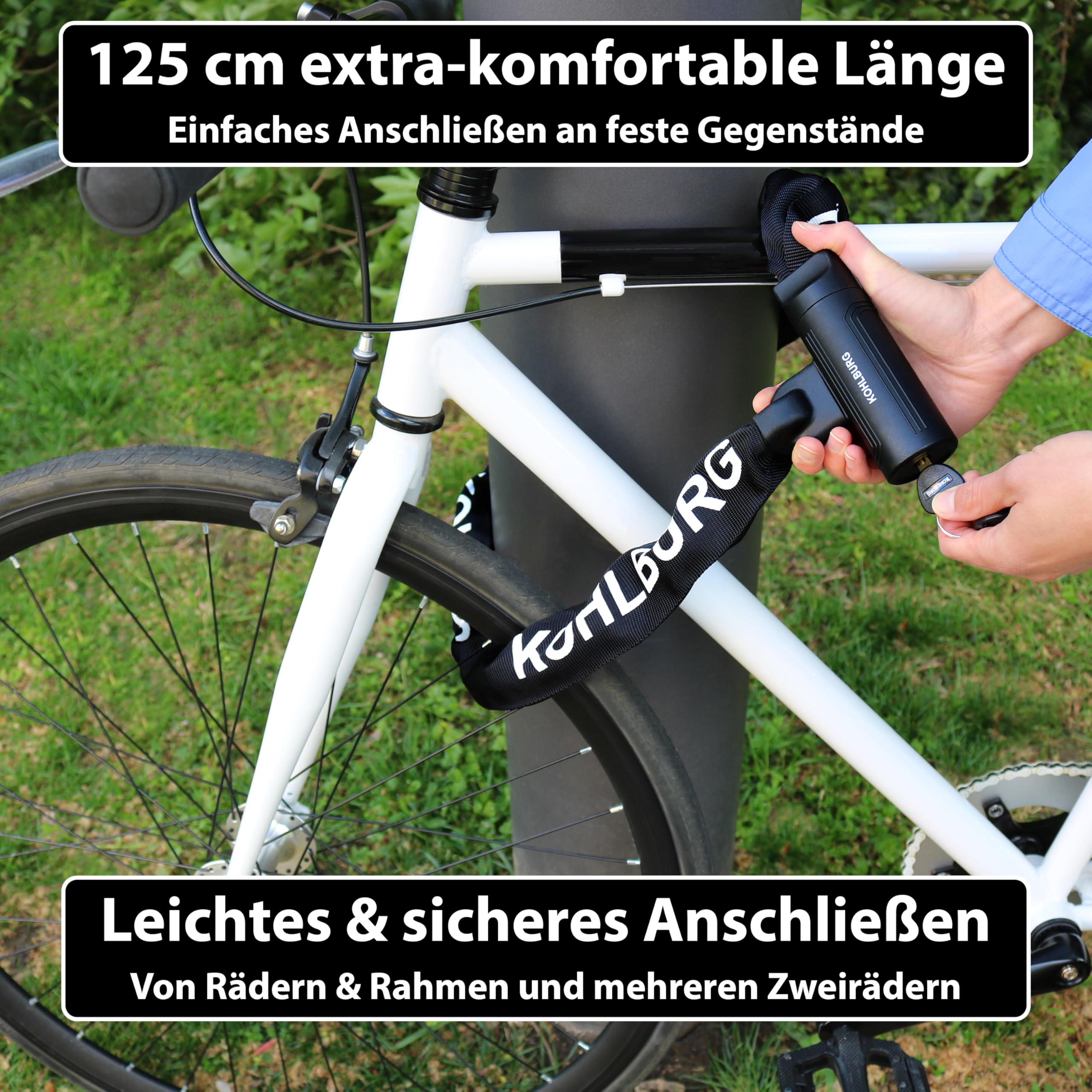 KOHLBURG Sicherheits- Kettenschloss - Schloss 125cm lang mit 8,3mm starker 4-Kantkette aus gehärtetem Spezialstahl - sicheres Fahrradschloss mit 4 Schlüssel für E-Bike Fahrrad & Motorrad