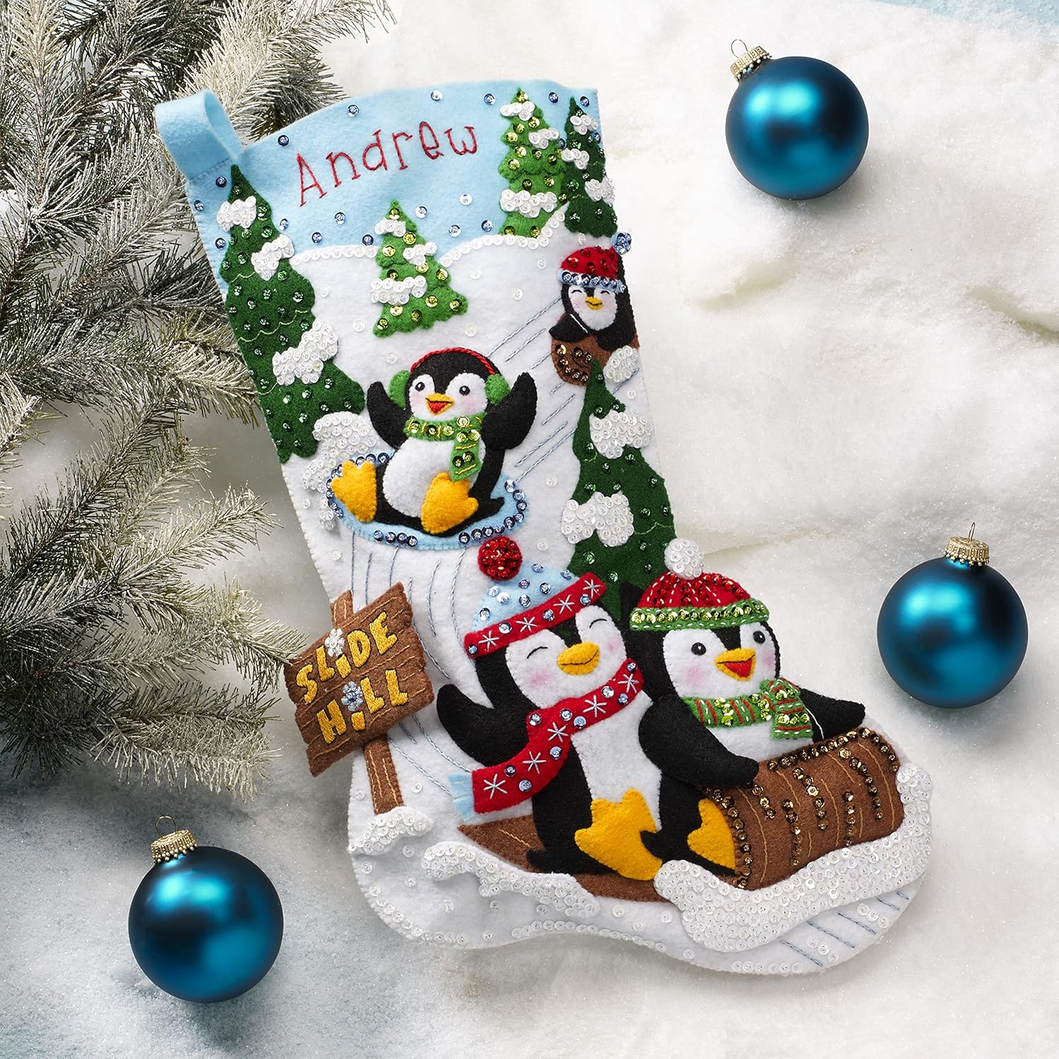 Bucilla Felt Applique 18" Stocking Making Kit, Penguins at Play, Perfect for DIY Arts and Crafts, 89481E