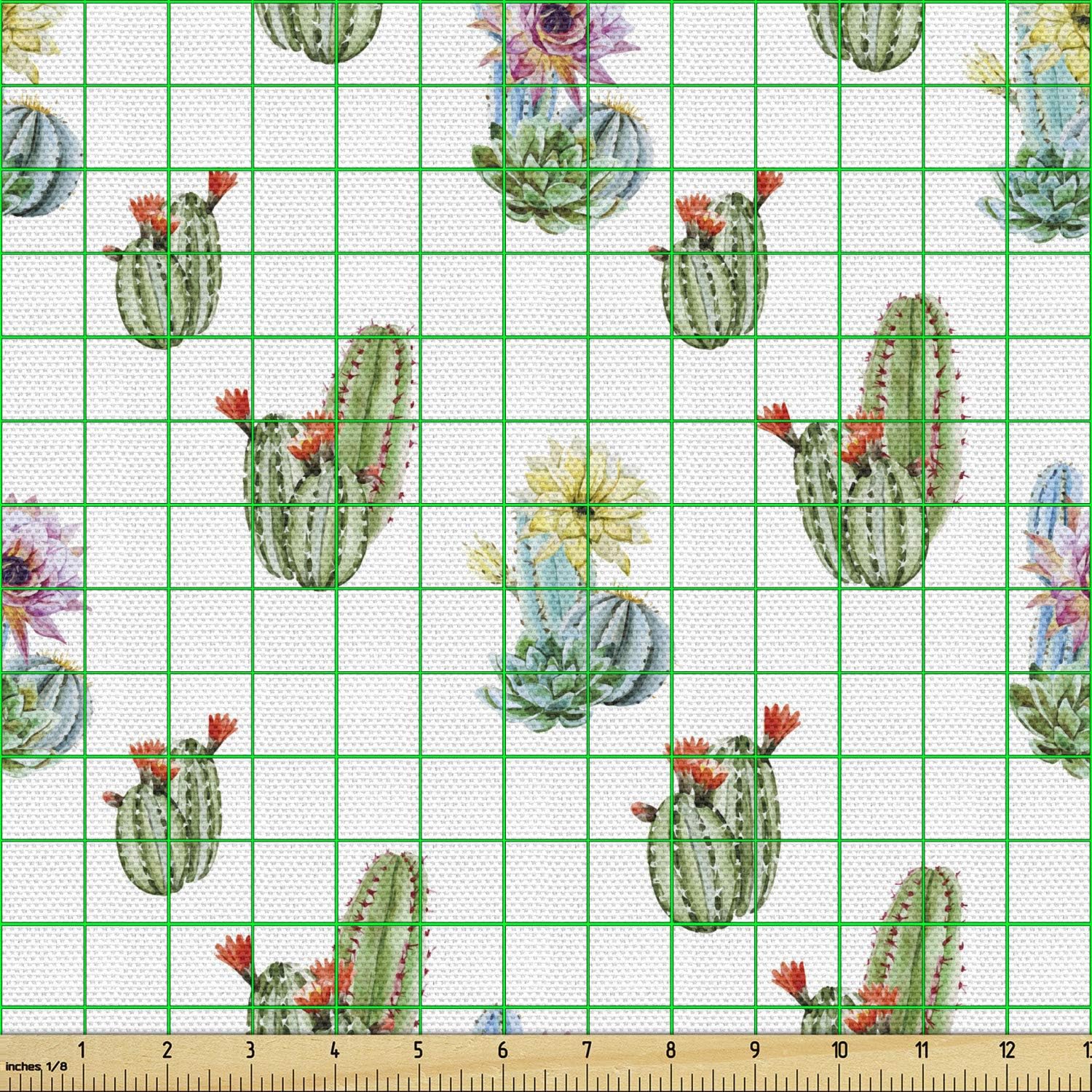 Ambesonne Cactus Fabric by The Yard, Thorny Vintage Hawaiian Nature Flourishing Succulents and Cactus Bouquets Picture, Decorative Fabric for Upholstery and Home Accents, 3 Yards, Pastel Green