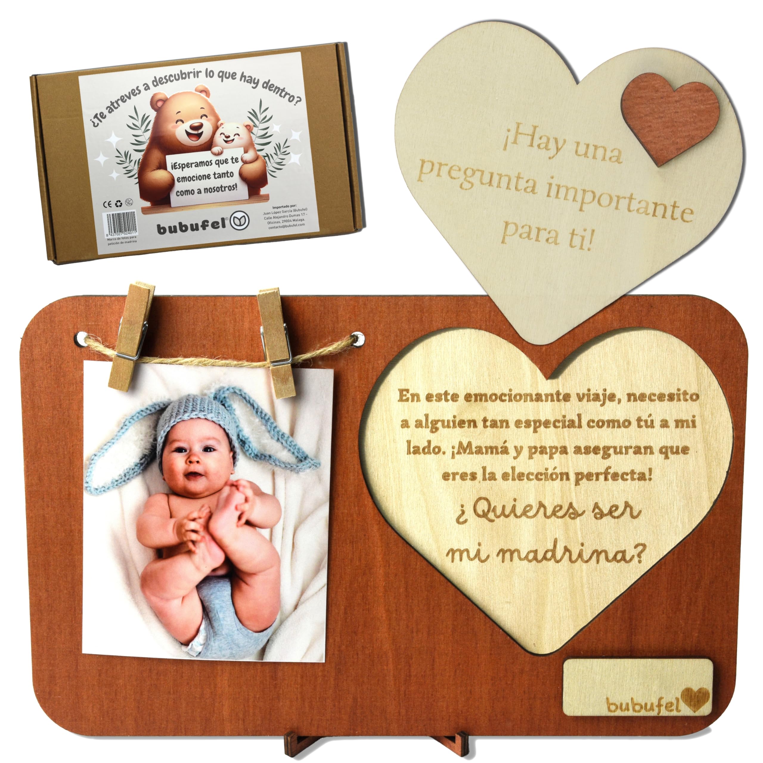 Bubufel. Regalo Original de Madrina : ¿Quieres Ser Mi Madrina? Marco de Fotos 24 x 15 cm con Mensaje Sorpresa - Revelación Única, Espacio para Nota Personalizada (Madrina)