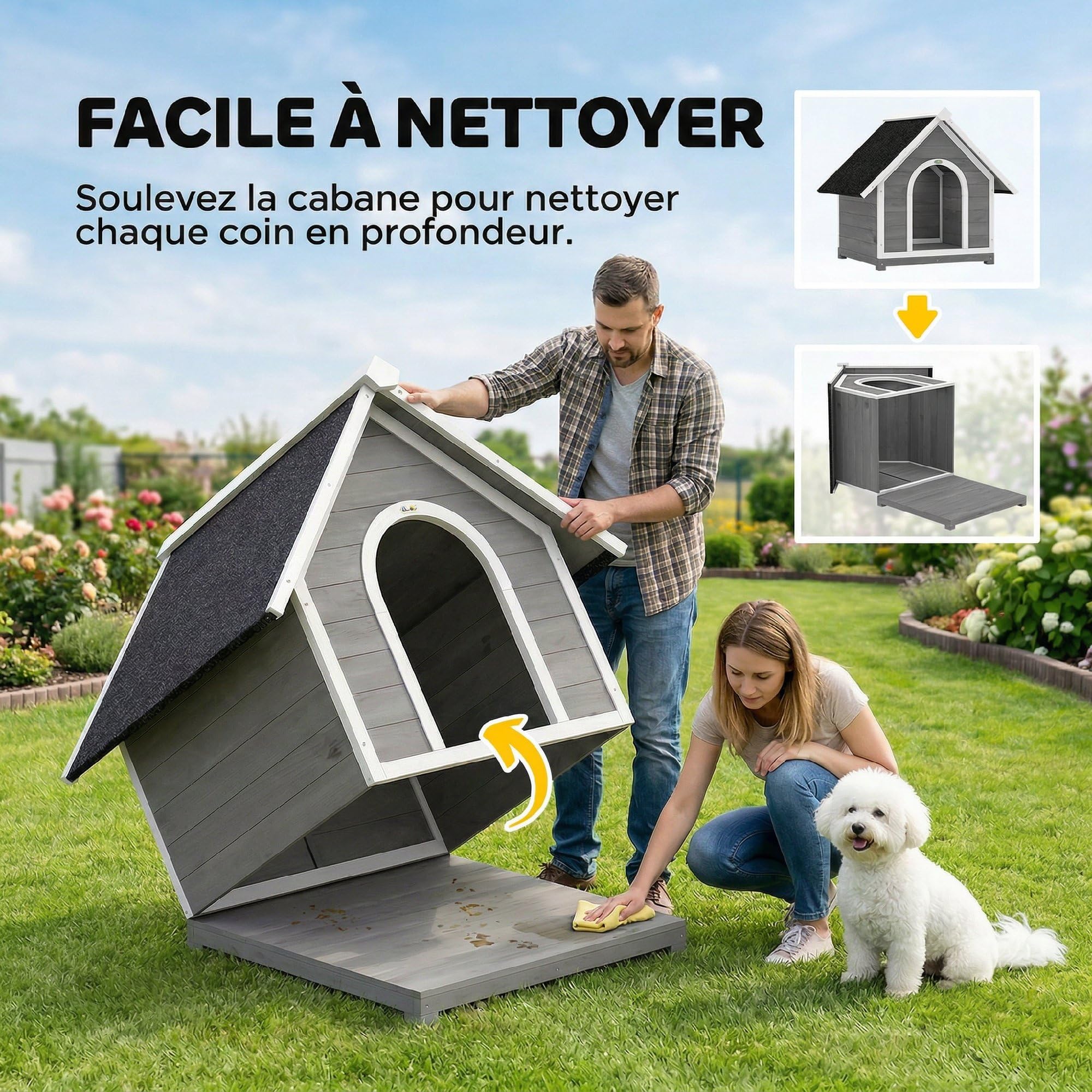 PawHut Niche pour Chien Extérieur en Bois Ouvrant 84x101x86 cm Gris/Blanc | Nettoyage Facile, Toit Bitumé Étanche, Villa Scandinave Surélevée