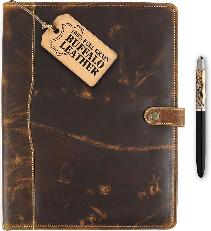 Portafolio de cuero, carpeta de cuero con bolígrafo, organizador de currículum y portafolios para hombres y mujeres | Portafolio de negocios con tarjetero y organizador de documentos (marrón antiguo)