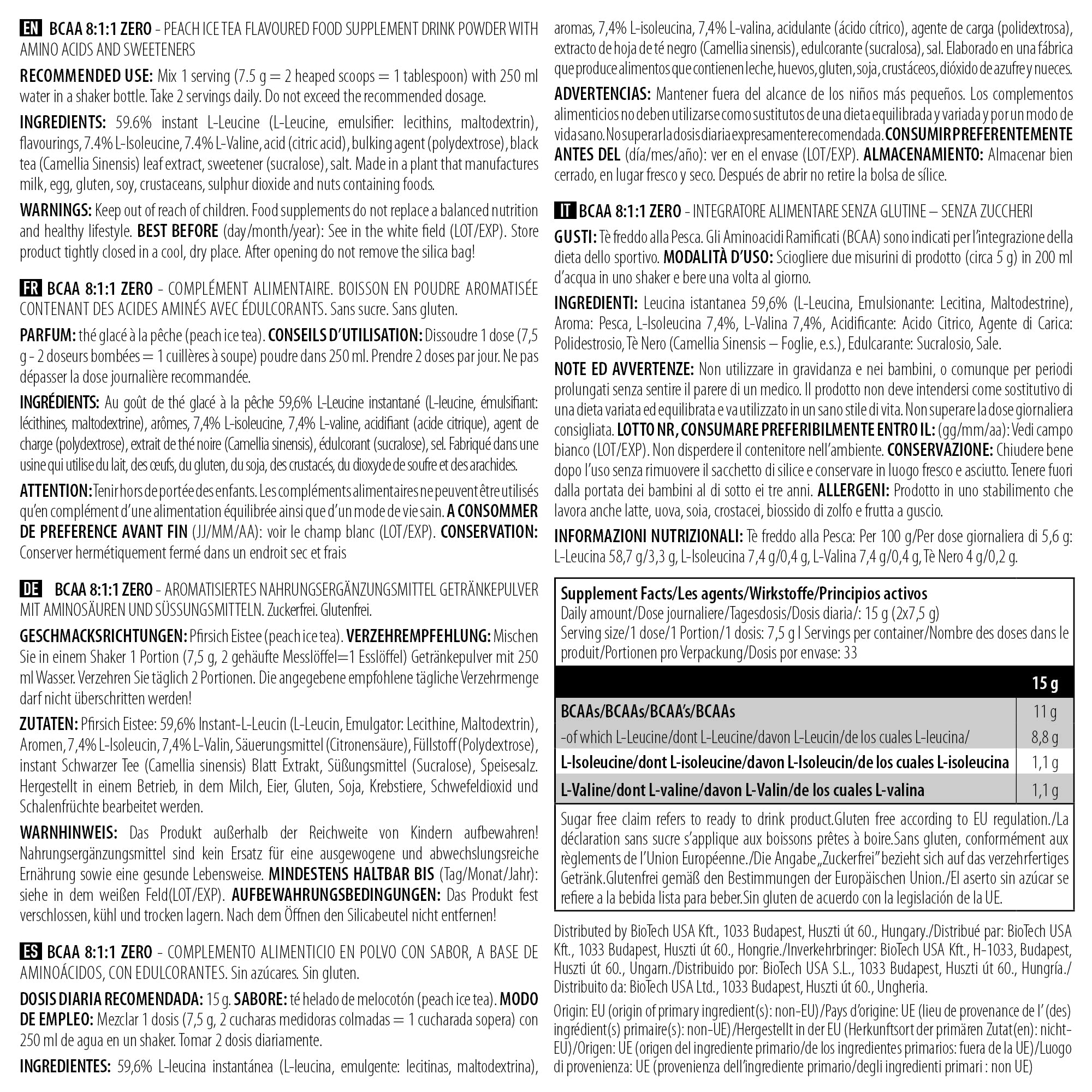 BioTechUSA BCAA 8:1:1 Zero | Rapport 8:1:1 de leucine, isoleucine et valine | Sans sucre, sans gluten, 250 g, Thé glacé à la pêche