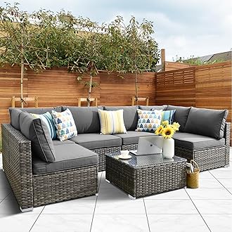 HOOOWOOO Patio Outdoor Sectional Furniture Sofa Set,7 Piece U Shaped Corner Wicker Rattan Couch Set,Rustic 6 Persons Summer Patio Conversation Set for Outside Porch Deck Garden(Charcoal Gray)Global Recycled StandardGlobal Recycled StandardGlobal Recycled Standard