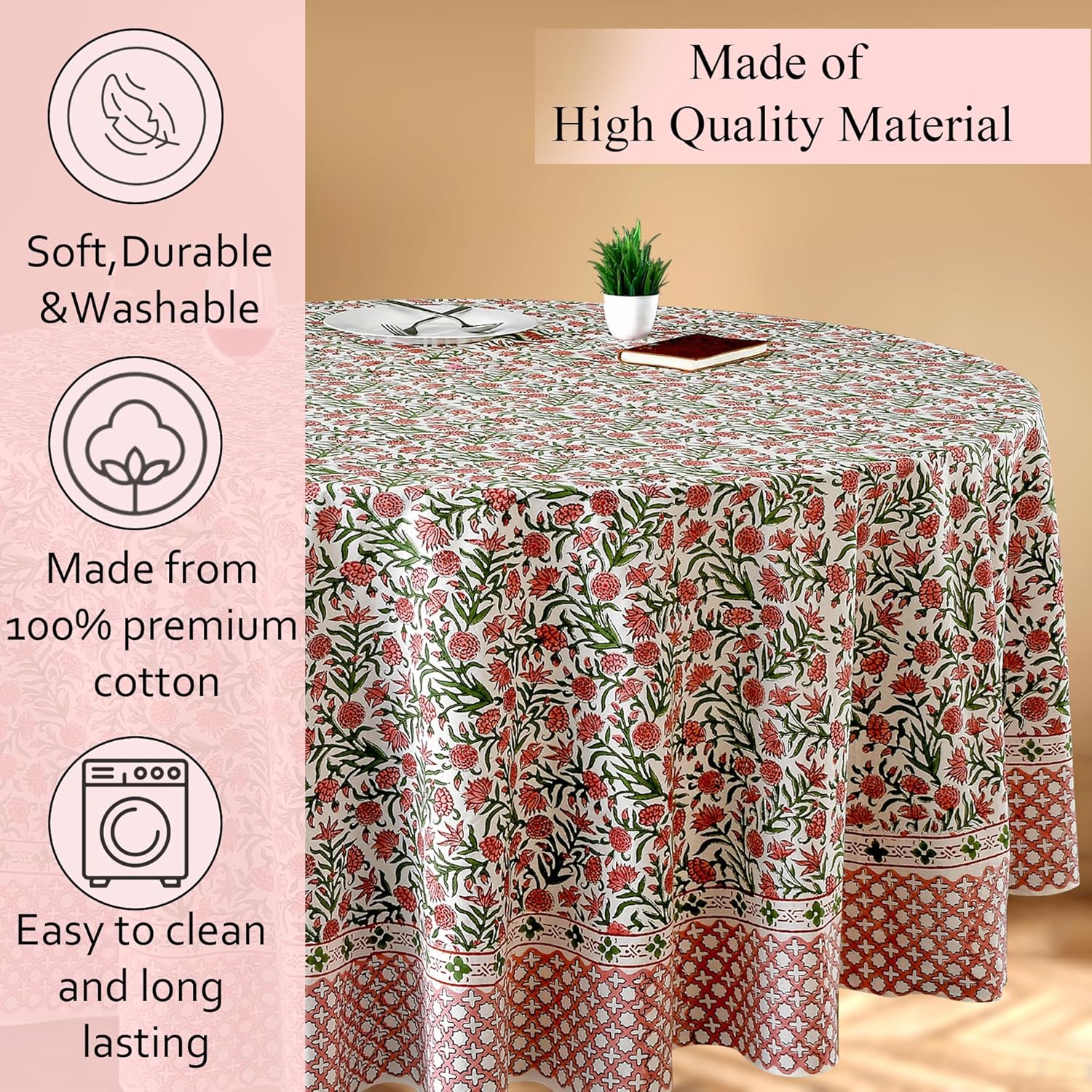 CPC Round Tablecloth- Cotton Indian Block Print Tablecloth -Handmade Printed Washable Cotton Table Cloth - Spring/Summer, Wedding Table Cover - Red Garnet 60 Inches - Image 6