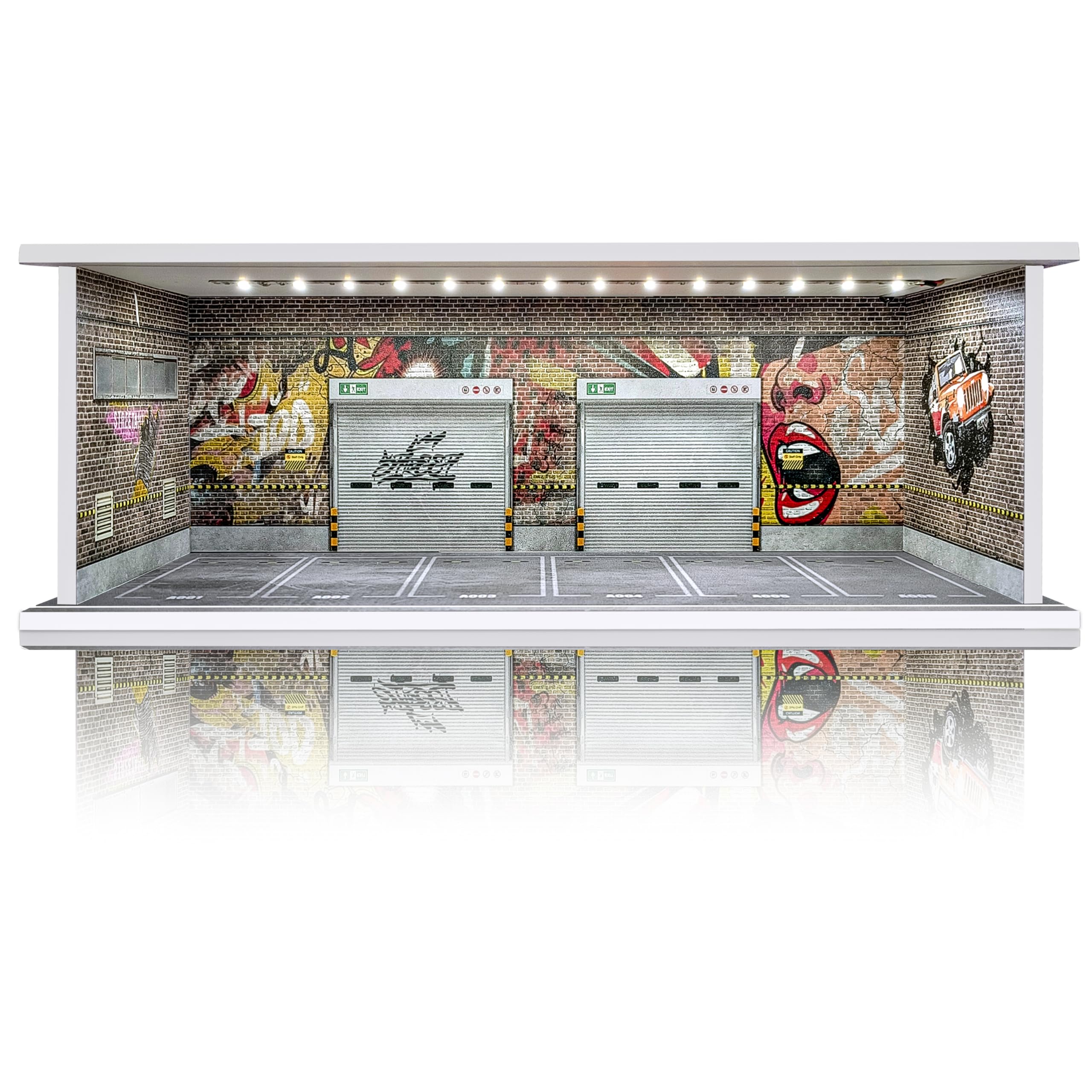 Saichotoy Vitrine pour Hot Wheels : garage de stationnement empilable pour boîte d'allumettes à l'échelle 1/64, rangement en mousse pour camions monstres avec lumière LED et couvercle acrylique, cri