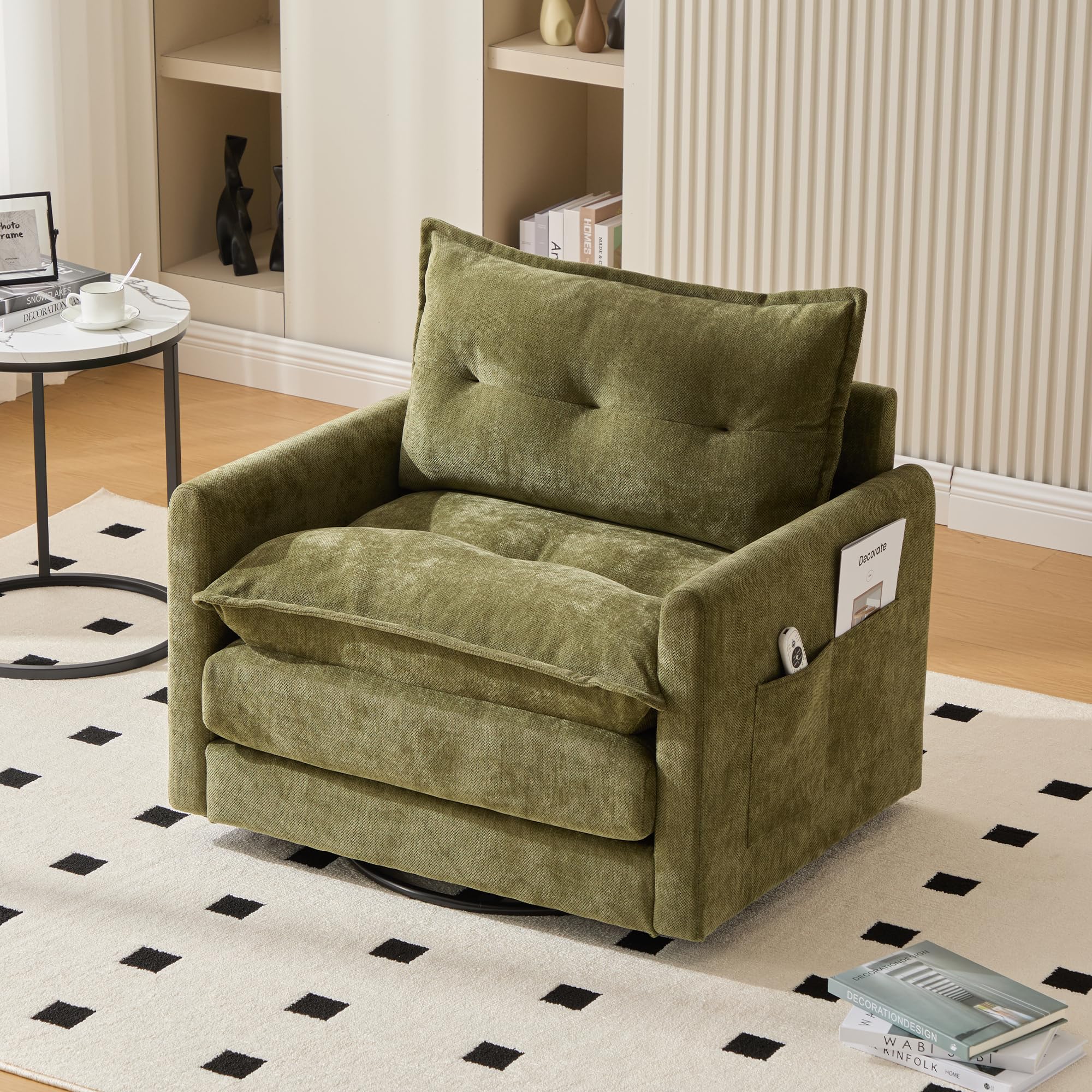 Modern Olive Green Cloud Swivel Accent Chair, Chenille Upholstered Arm Chair, Comfy Reading Chairs, Single Sofa for Living Room Office Bedroom Apartment (Olive Green)