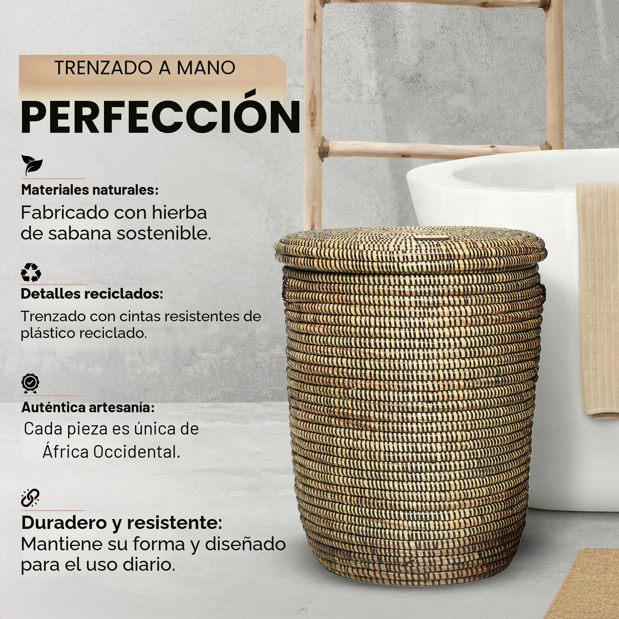 YAADU Cesto para la Colada XL Con Tapa, 50 L - Cesta Africana Trenzada para Almacenamiento de Juguetes y Mantas, Con Asa (Negro)
