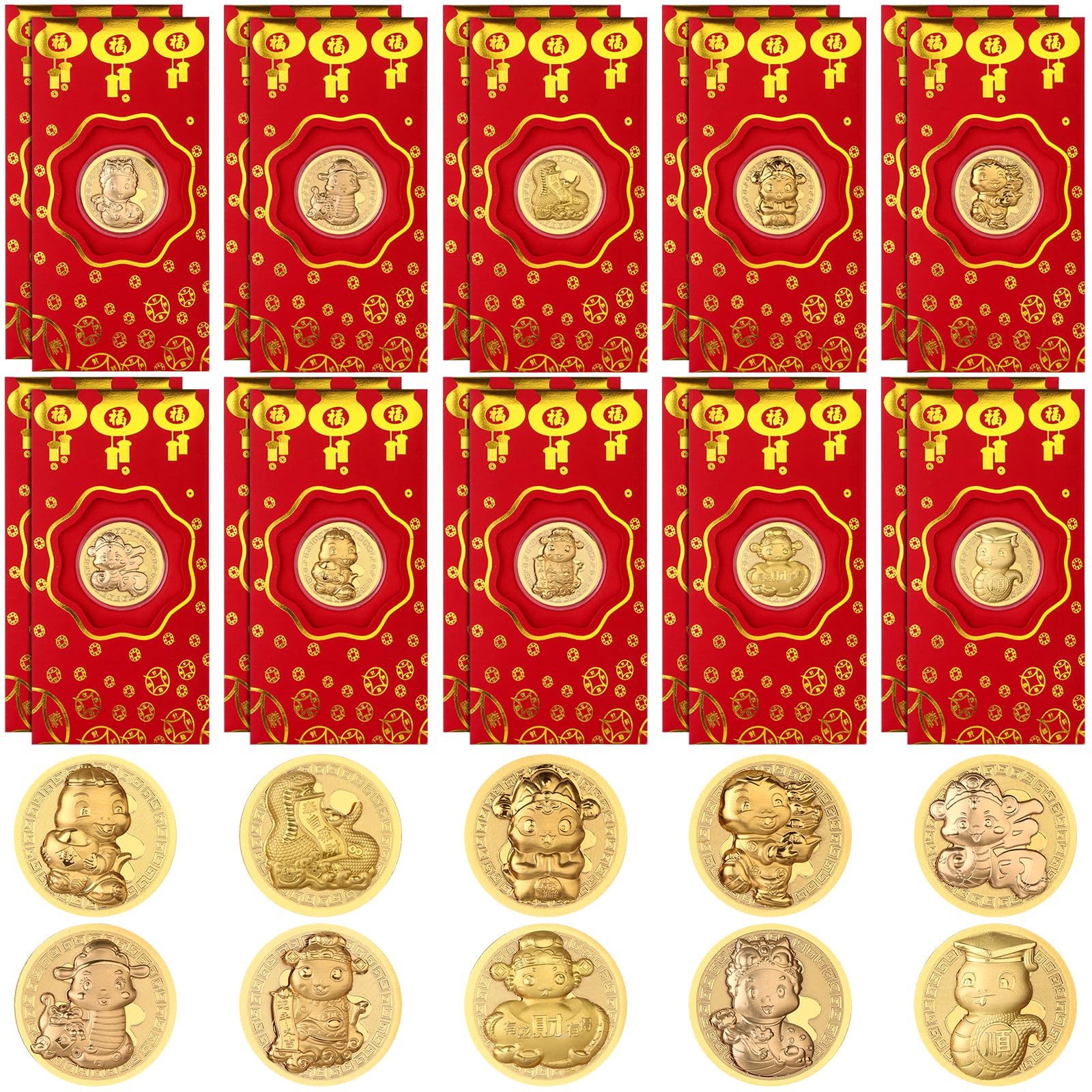 20 Pack Chinese 2025 Gold Snake Year Gift Set, Hong Bao Red Money Envelopes, Feng Shui Commemorative Coins, Zodiac Collectible Gifts for Spring Festival