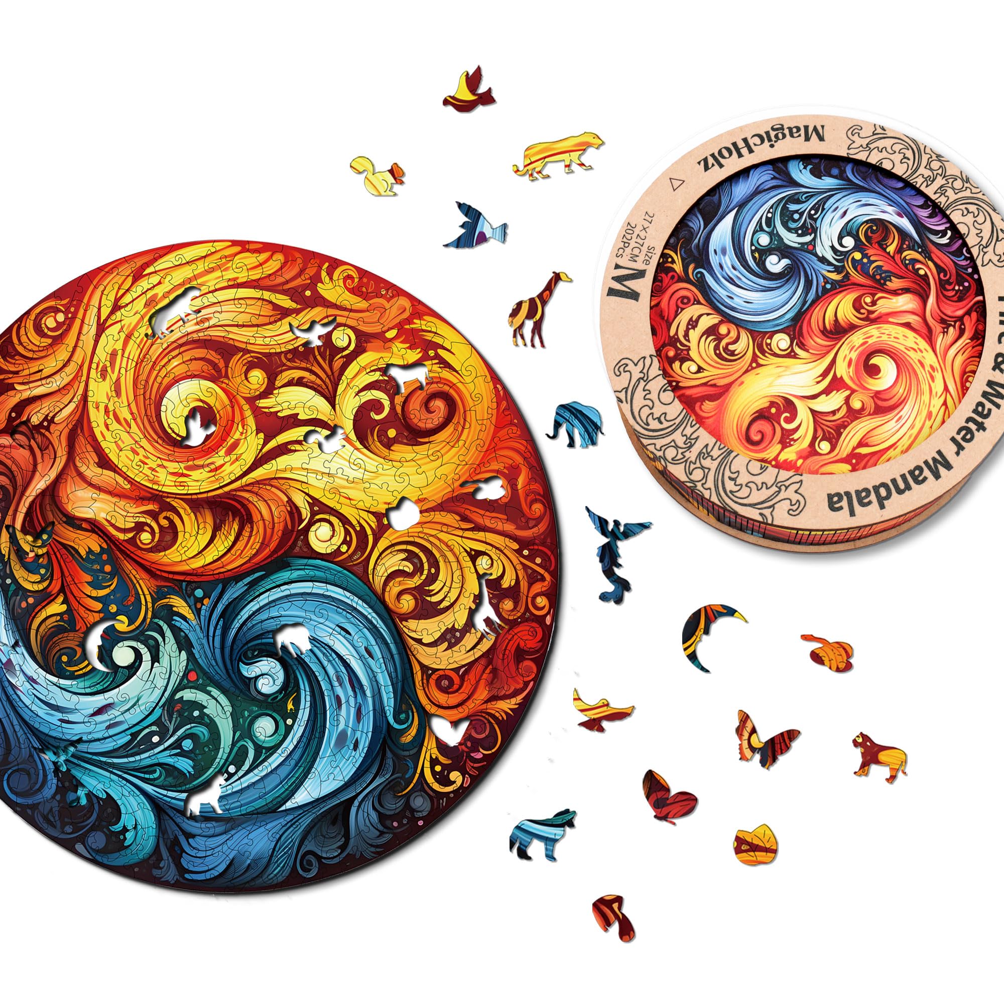 MagicHolz – Holzpuzzle Mandala Feuer und Wasser – rundes Holz Puzzle Ø 47 cm – besondere Geschenkidee für Erwachsene & Kinder – inkl.Premium Holzbox
