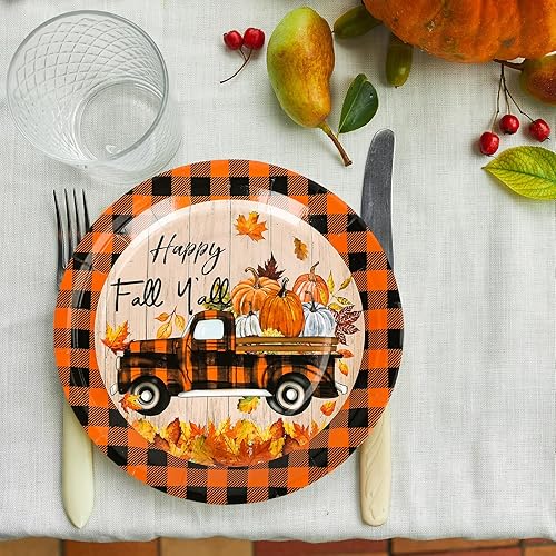Miniatura 6 de Whaline 40 platos de papel de otoño de 9 pulgadas, platos de papel desechables a cuadros de búfalo naranja y negro, platos de papel desechables de
