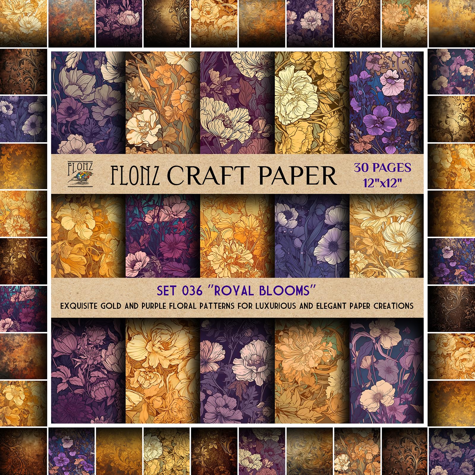 Flonz Scrapbook Paper (30 pages 12"x12") Royal Blooms: Exquisite Gold and Purple Floral Patterns for Luxurious and Elegant Paper Creations