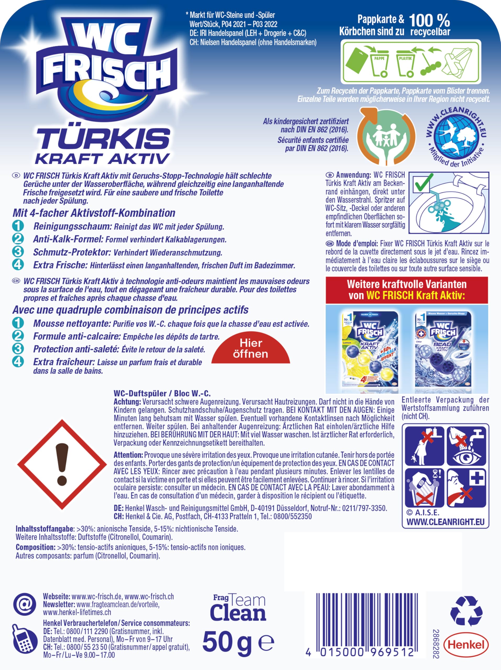 WC-Frisch Kraft Aktiv Türkisspüler Meeresfrische (10er Pack), WC Reiniger für eine sichtbare Reinigung mit türkisem Wasser, Duftsteine für einen intensiven WC Duft