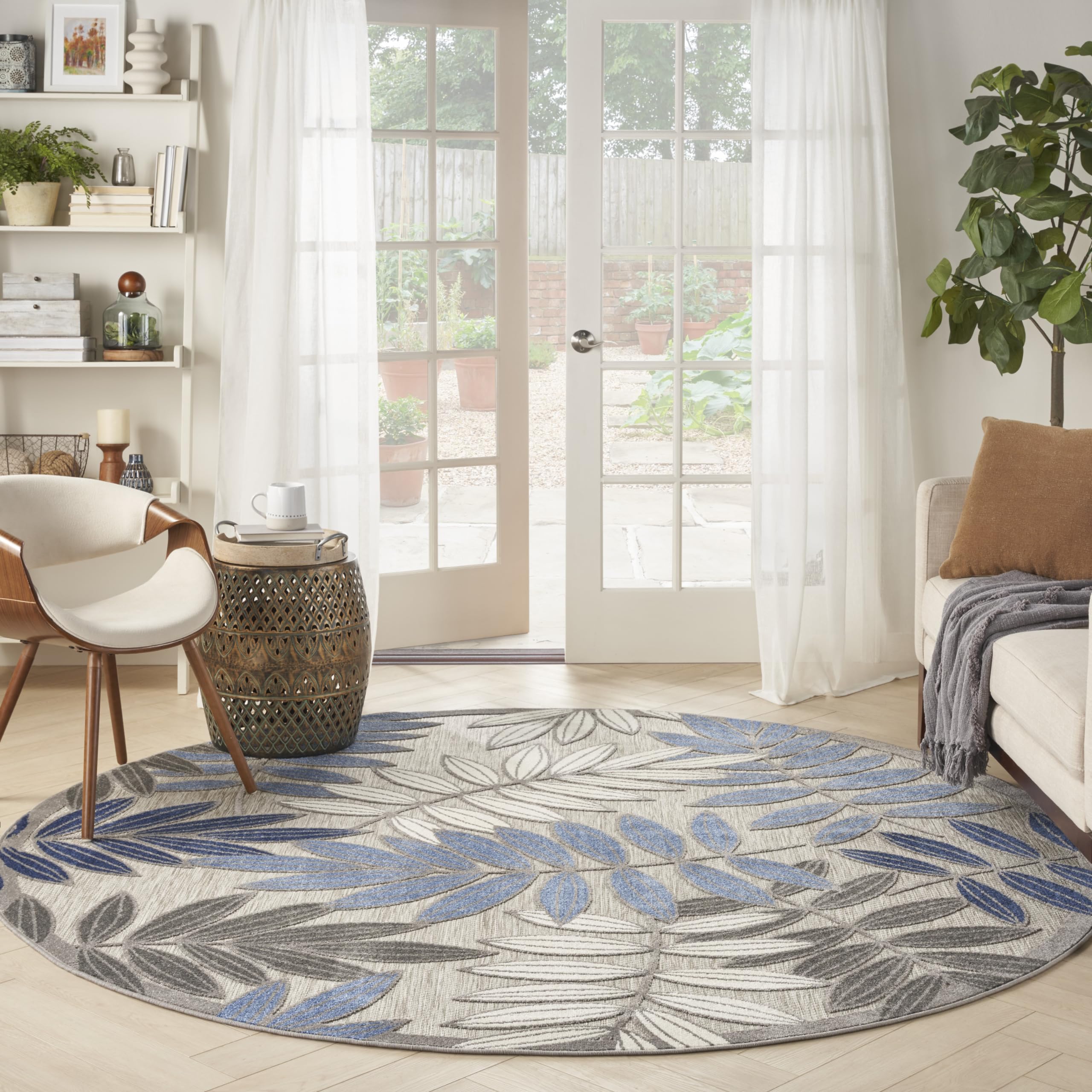Nourison Home Aloha Grey Blue 7'10" x Round Area Rug - Easy Clean, Non Shedding, Bed Room, Living Room, Dining Room, Kitchen (8' x Round)
