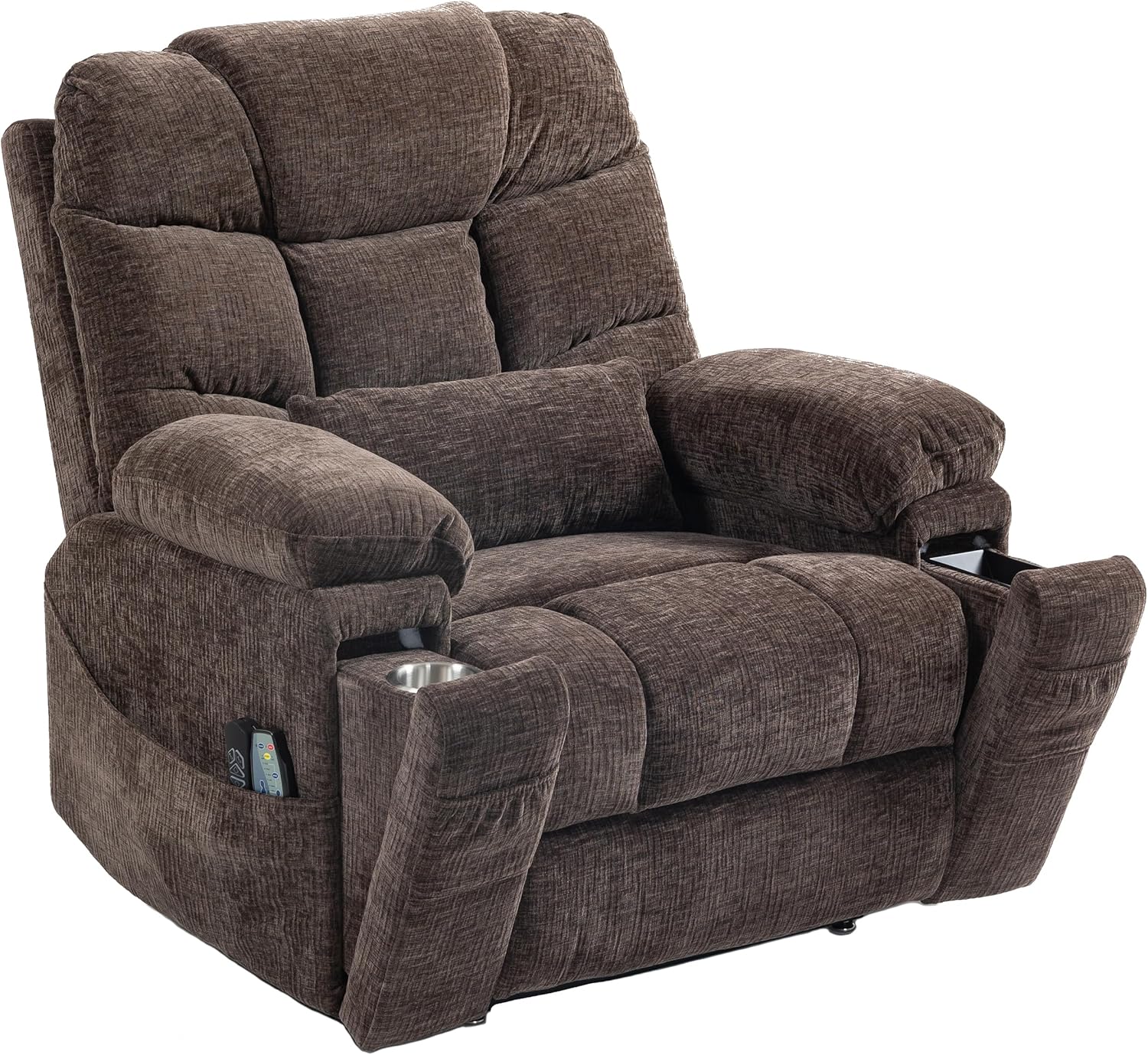 40-in Overstuffed Chenille Lift Chiar, 400lbs Lay-Flat Oversized Recliner Chair with Wireless Charging,Power Recliner with Lumbar Pillow & Heat/Massage for Elderly (Brown+Chenille（91）)