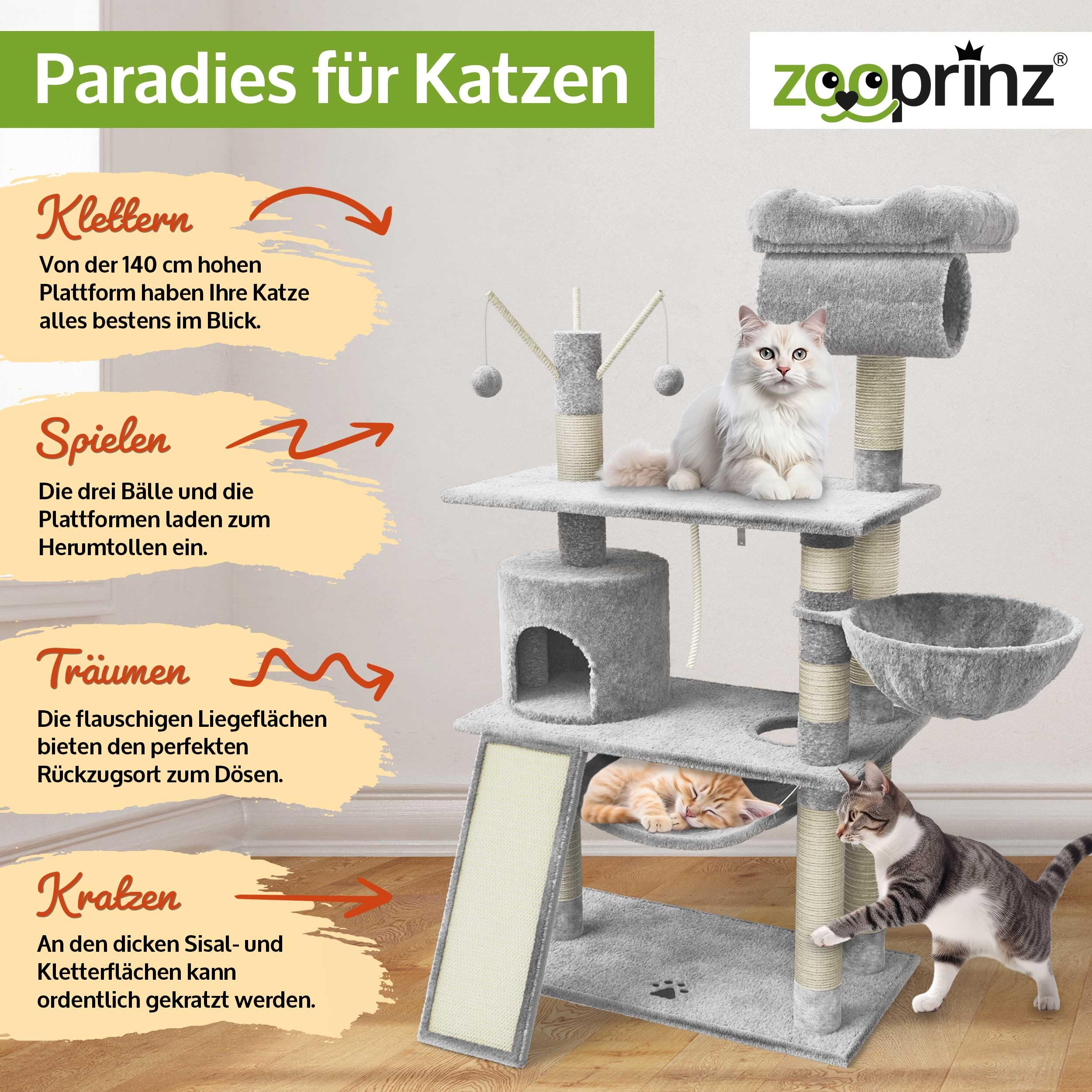 zooprinz XXL Kratzbaum extra breit – Katzenbaum, Hellgrau | Premium Kletterturm mit dicken Sisal-Säulen, Höhle, Hängematte, Spielbällen & Seil für kleine und große Katzen