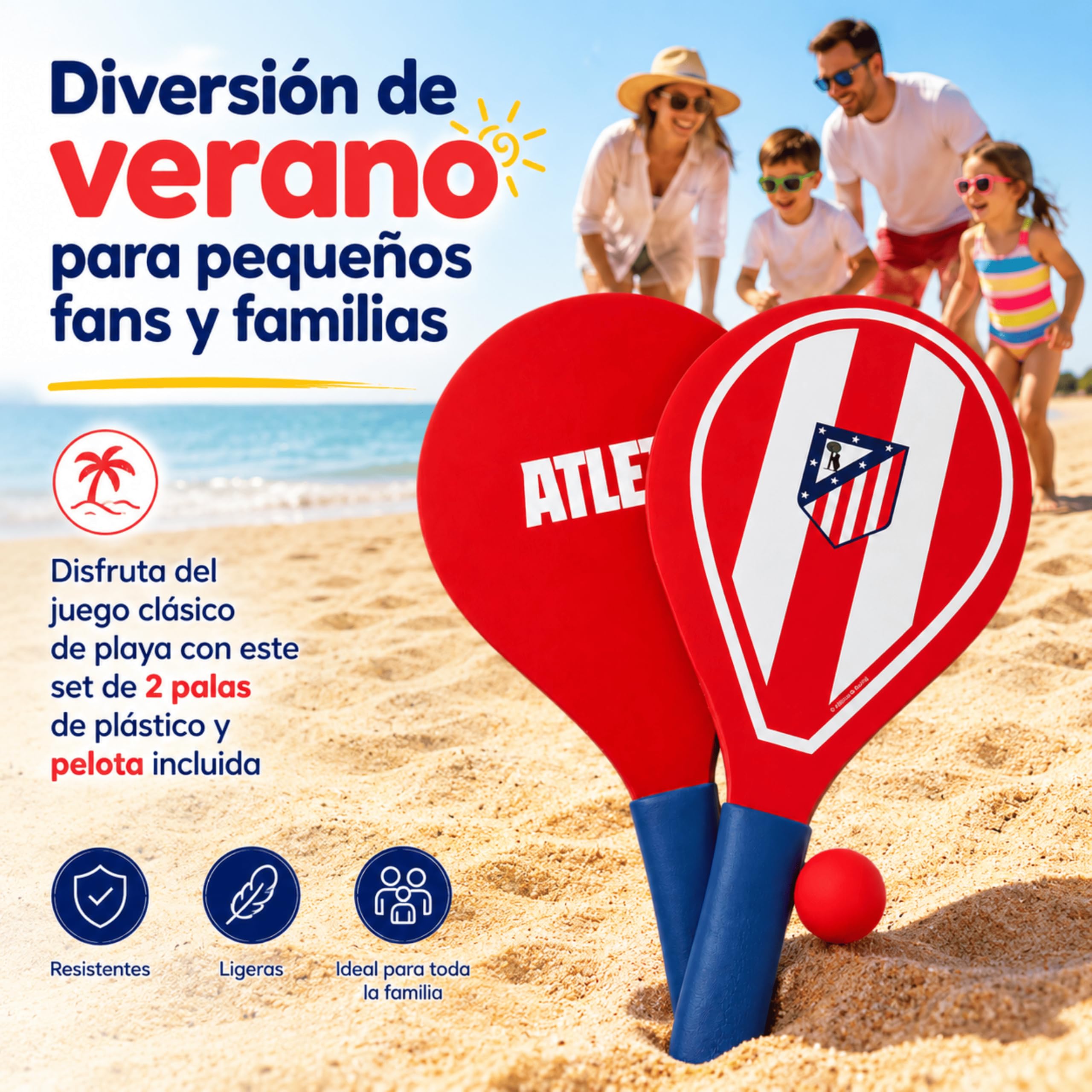 Palas de Playa Atlético de Madrid con Pelota Incluida | Set de 2 Raquetas de Playa de Plástico | Juego de Palas para Niños y Adultos | Ideal para Playa, Piscina, Jardín y Vacaciones