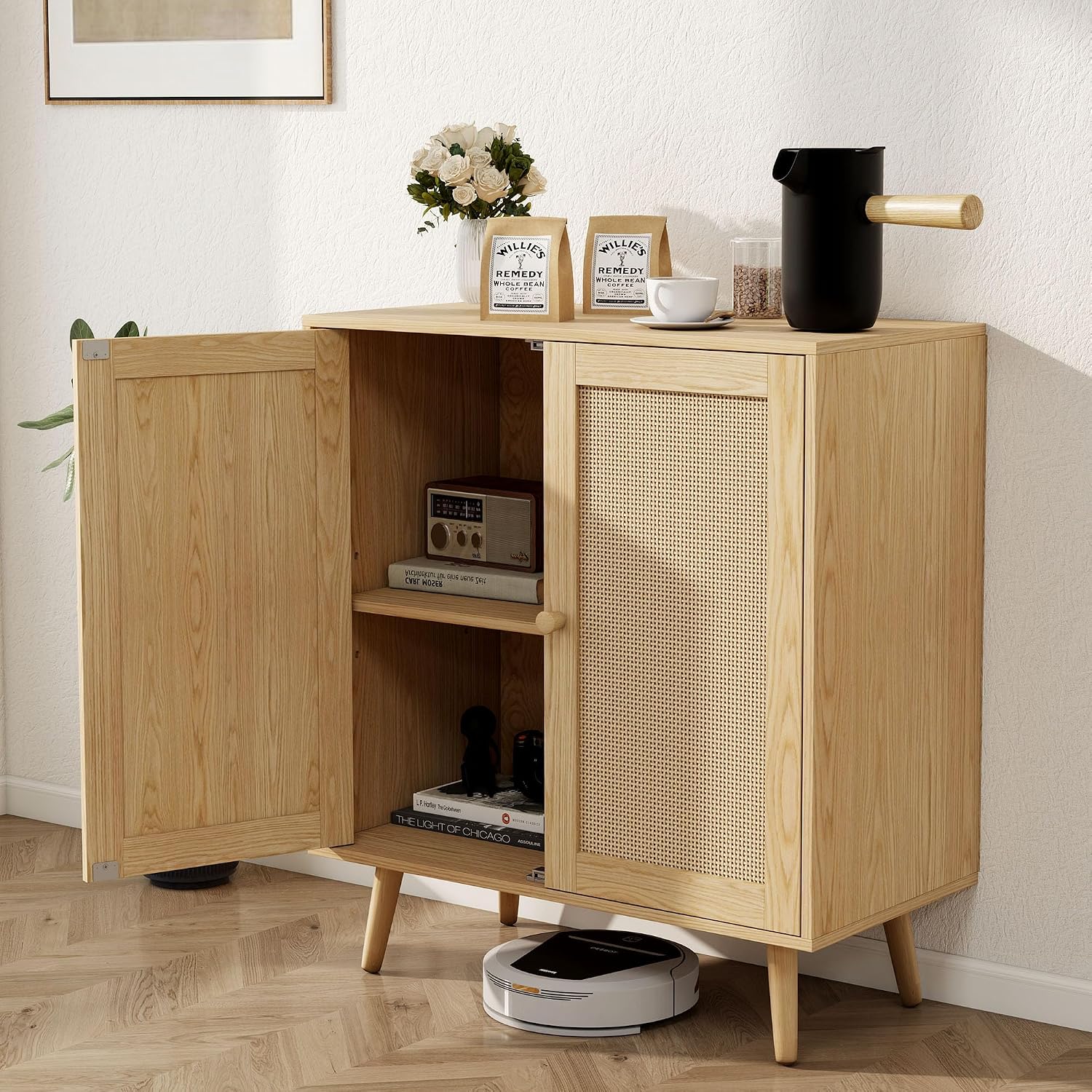 Rattan Sideboard Buffet Cabinet, Wooden Cabinet Cupboard Console Small Cabinets with Doors and Adjustable Shelve for Kitchen & Entryway, Oak