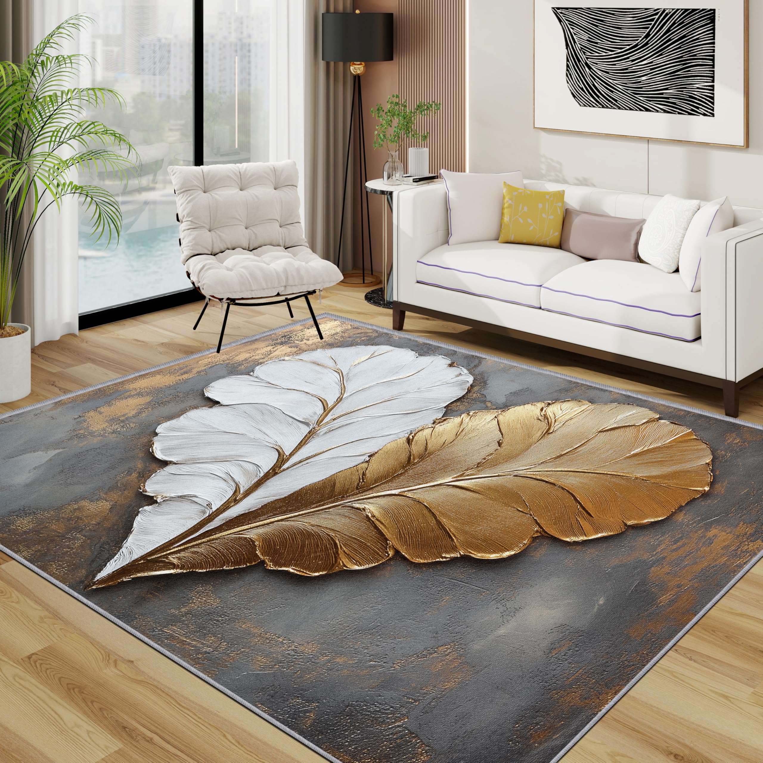 3D Effekt Teppich Waschbar, Modern Luxus Blatt Teppich 80x150 cm, Herzn Kunst rutschfest Waschbar Pflegeleicht Teppiche Für Schlafzimmer Küche, Grau Weiß Gold