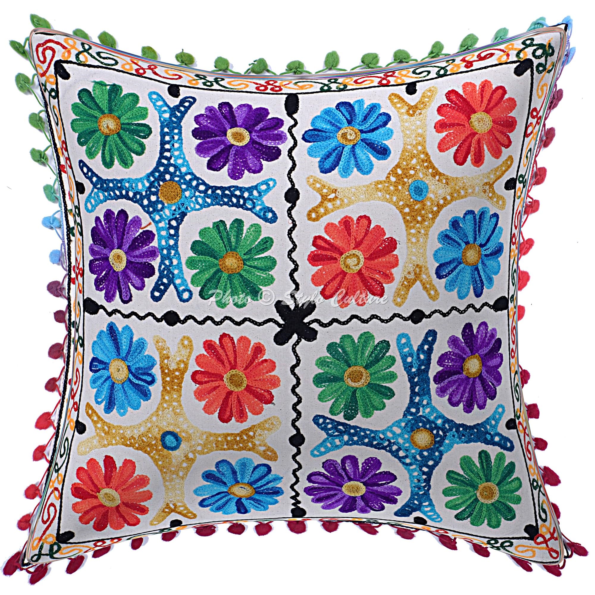 Ethnisch Dekorativ Baumwolle Couch Kissenbezüge 40x40 cm Mehrfarbig Dekokissen Suzani Bestickte Pom-Pom-Spitze Schlafzimmer Sofa Kissen Bezüge Blumen Quadrat Kissenhullen - 4 STK.