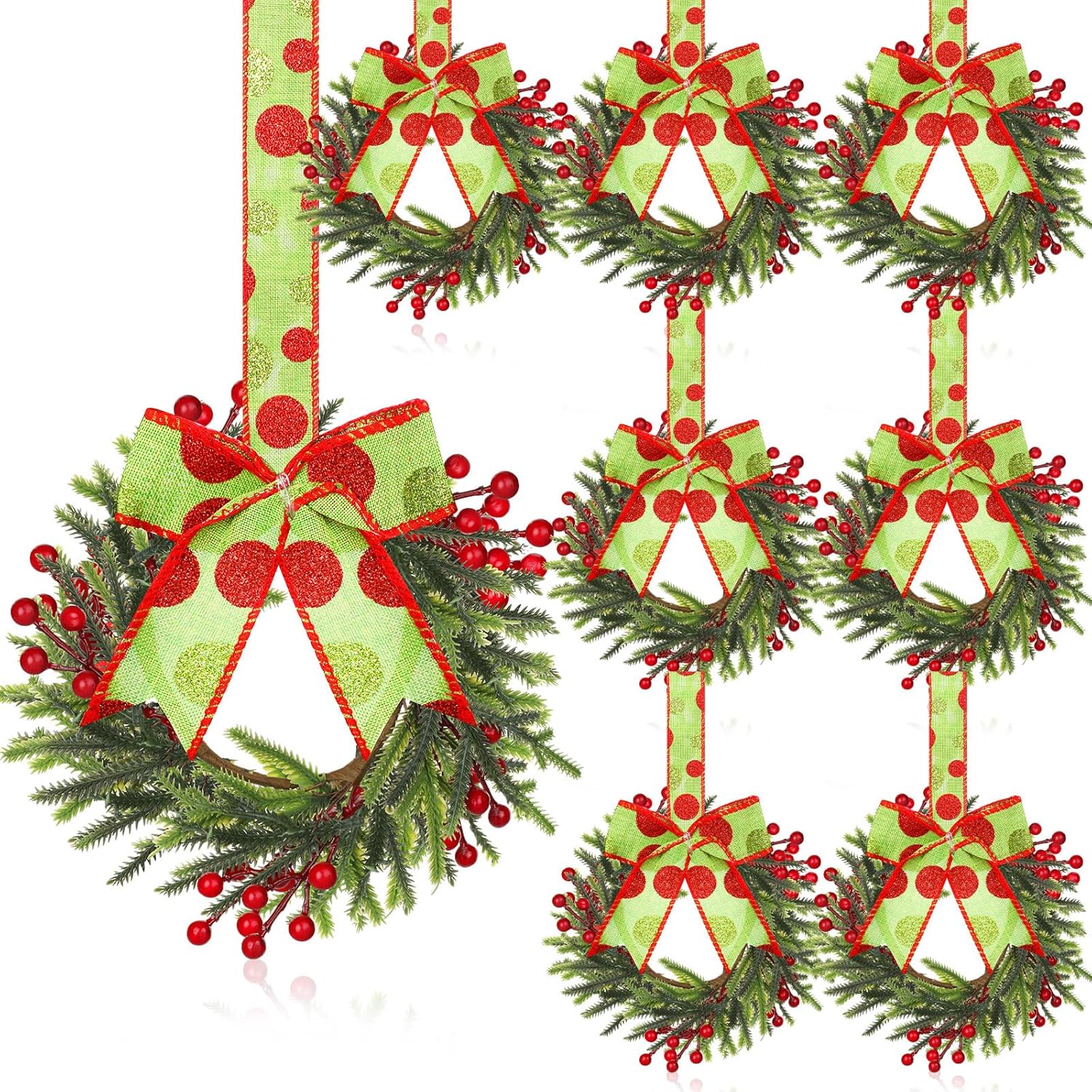 Dingion 8 Pcs 6 Inch Mini Cabinets Christmas Wreaths for Kitchen Mini Norfolk Wreath with Ribbon Bows and Berry Hanging Artificial Greenery for Farmhouse Door Wall Window Decor(Stylish Style)