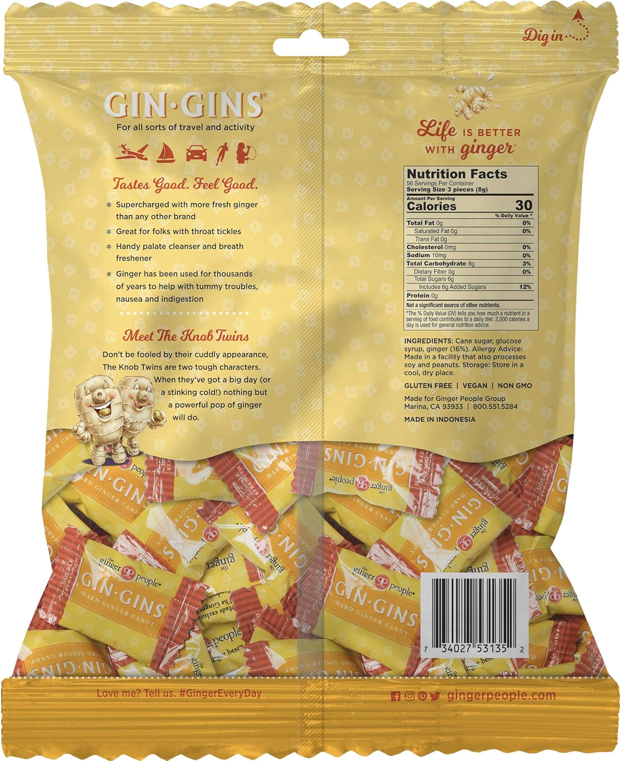 GIN GINS Double Strength Hard Ginger Candy by The Ginger People – Anti-Nausea and Digestion Aid, Individually Wrapped Healthy Candy - Double Strength Ginger Flavor, Large 1 lb Bag (16 oz) : Grocery & Gourmet Food