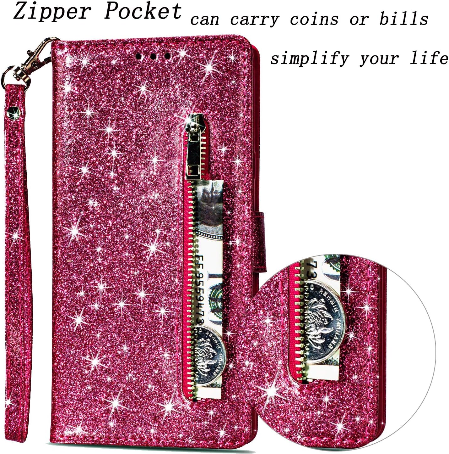 ZCDAYE Wallet Case for Galaxy S8 Plus,Bling Glitter Sparkly Zipper PU Leather Magnetic Flip Folio Card Pockets Holder with Wrist Strap Stand Protective Case Cover for Samsung Galaxy S8 Plus - Pink