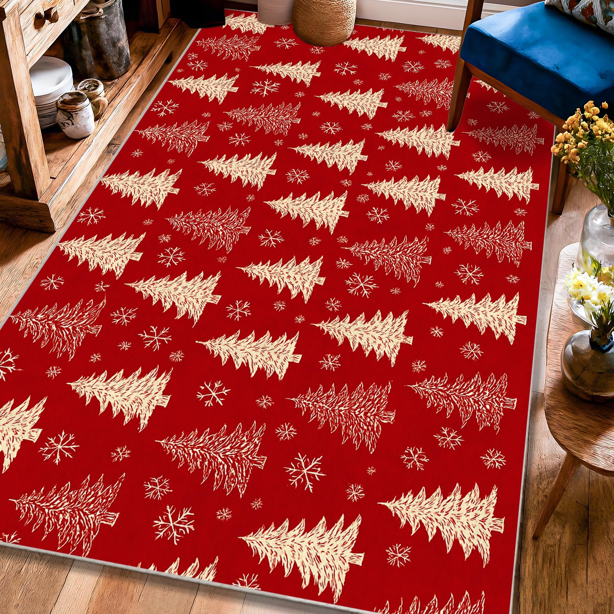 Tapis de Noël rouge pour salon et salle à manger, décoration festive 120x180 cm