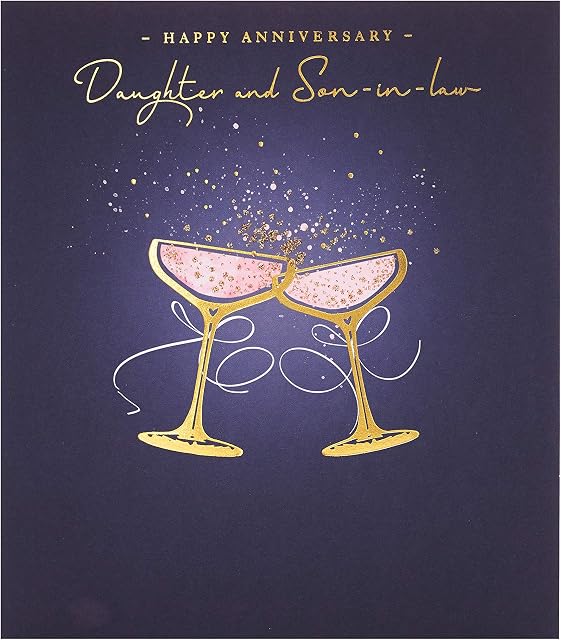 UK Greetings Daughter and Son-in-Law Wedding Anniversary Card Envelope - Champagne Design with Gold Glitter Finish