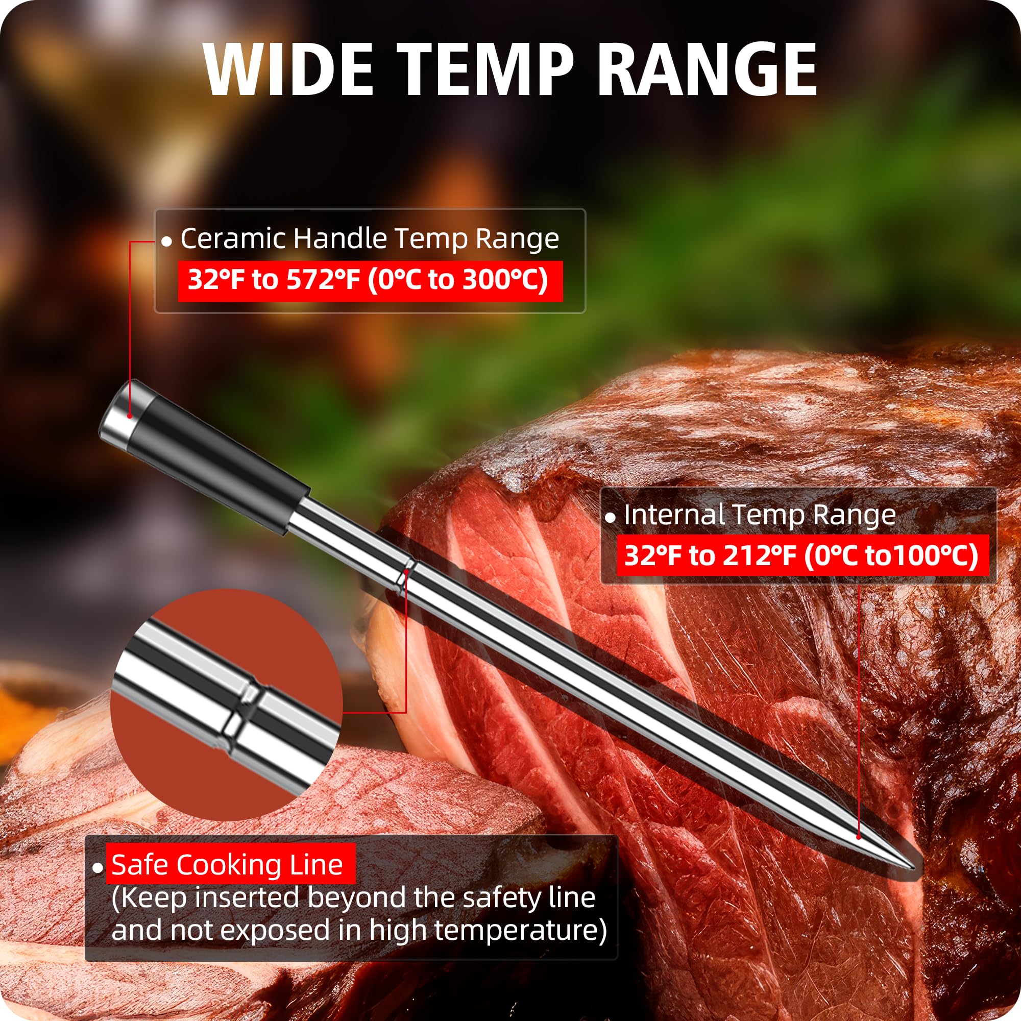 BFOUR Termometro per carne senza fili con 2 sonde (aggiornamento), termometro Bluetooth con grande display LCD, controllo app, termometro intelligente per barbecue, forno e barbecue