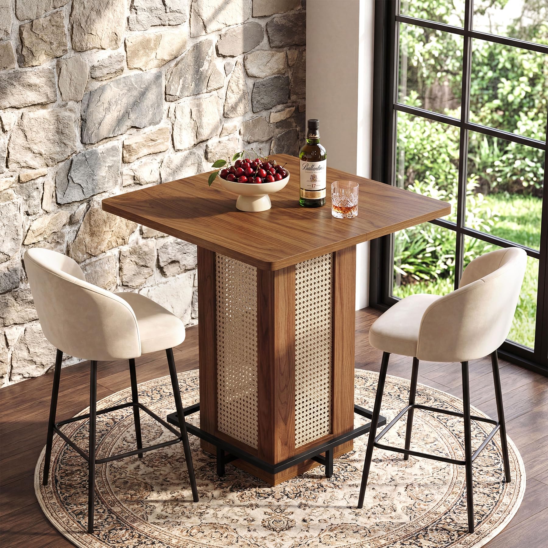 Tribesigns Table de Bar Carrée 80×80cm, Mange-Debout Bohème Cannage Rotin, Plateau Bois Marron Pied Métal Noir, Table Haute avec Repose-Pieds pour Cuisine Salon Café Balcon