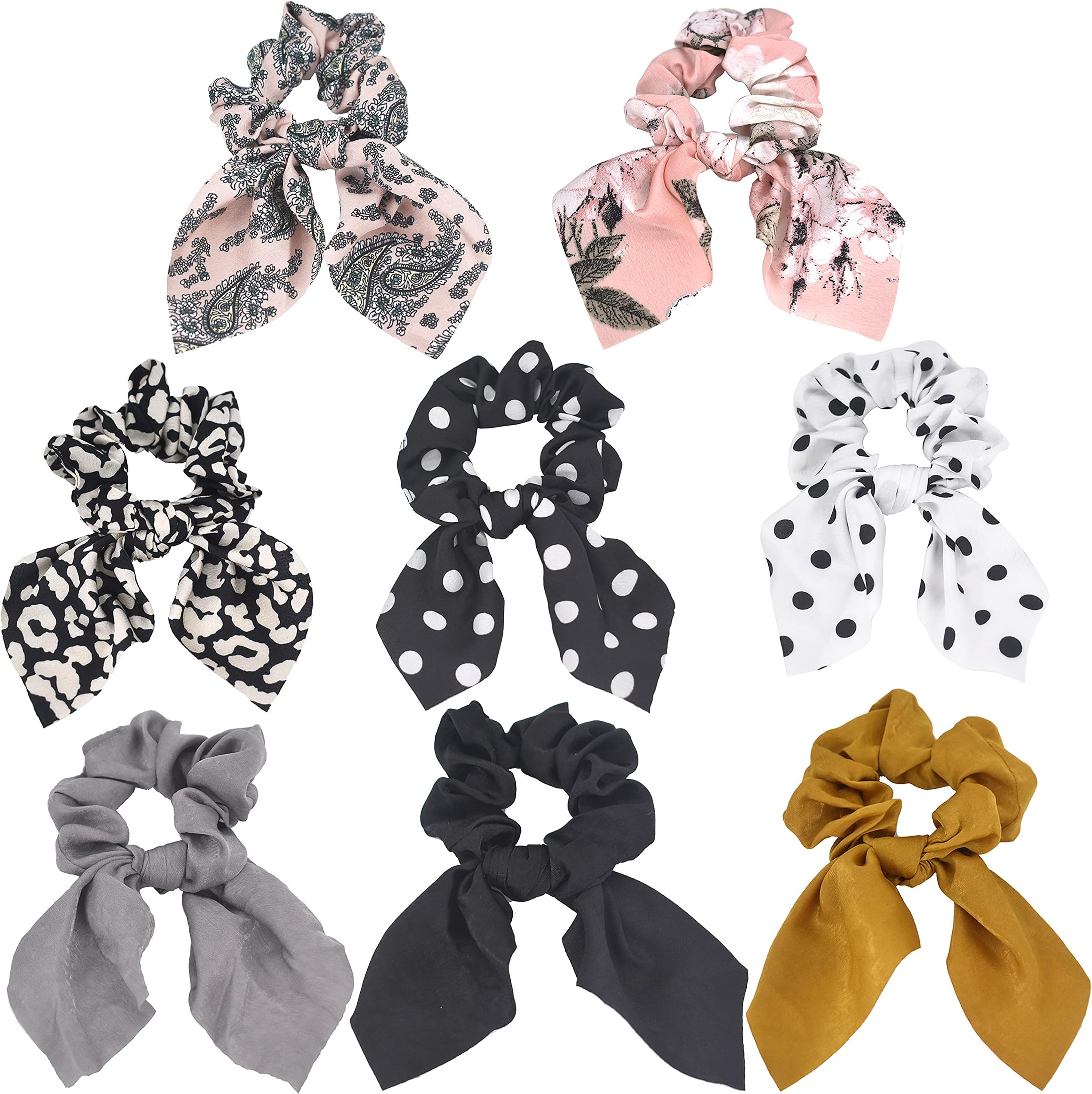 Bellisia Satin Silk Polk Dots Hair Scrunchies Rabbit Ear Bow Knot Hair Ties Flora Bow Hair Bobbles Scrunchy Animal Leopard Ponytail Holders Paisley Hair Bandana for Women Girls 8 Pcs