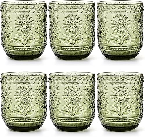 Hacaroa Juego de 6 vasos de bebida vintage, vasos de agua de color verde de 12 onzas, vasos de agua con relieve floral, vasos decorativos para