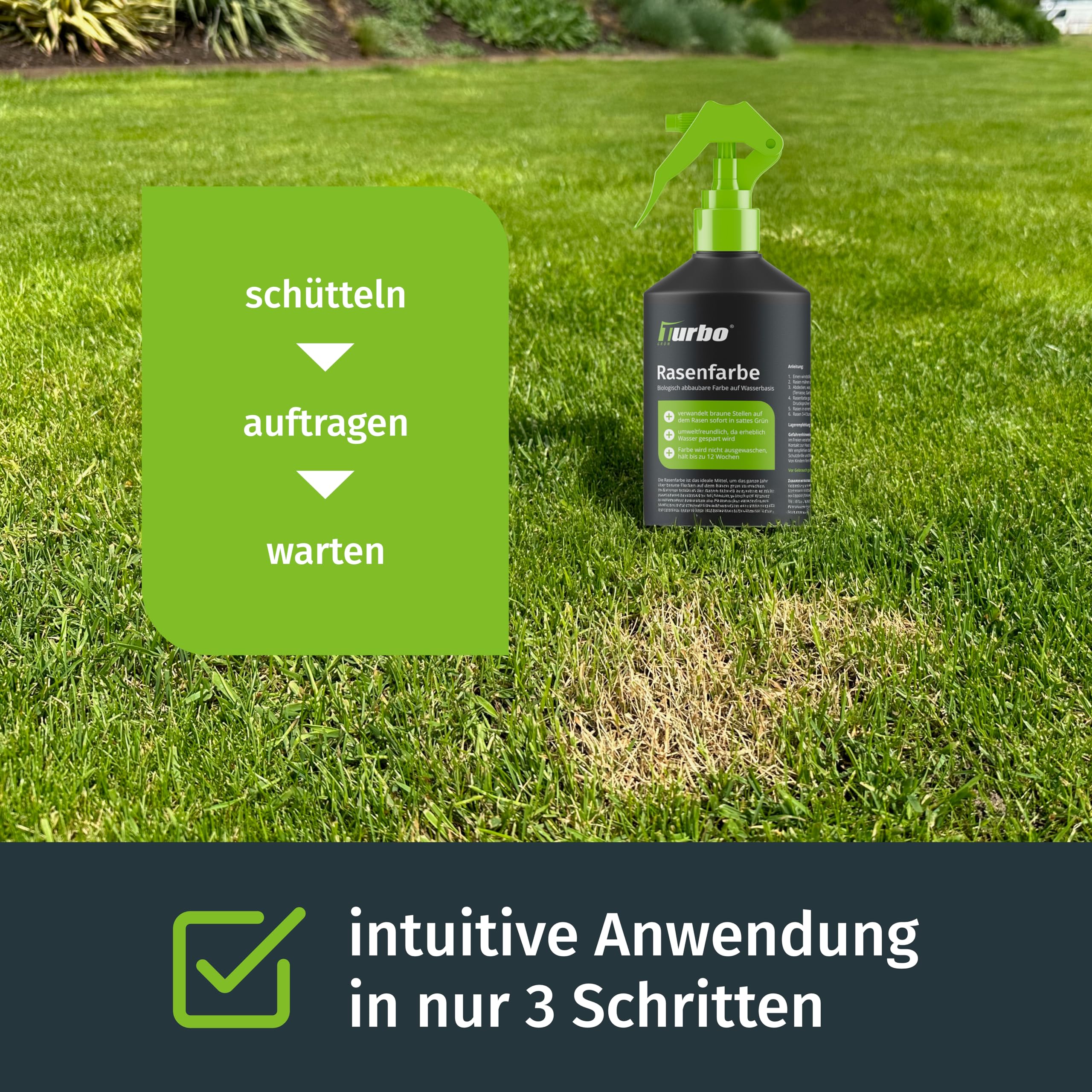 Rasenfarbe, macht braunen Rasen direkt grün, biologisch abbaubare Farbe auf Wasserbasis (1L für 6m²)