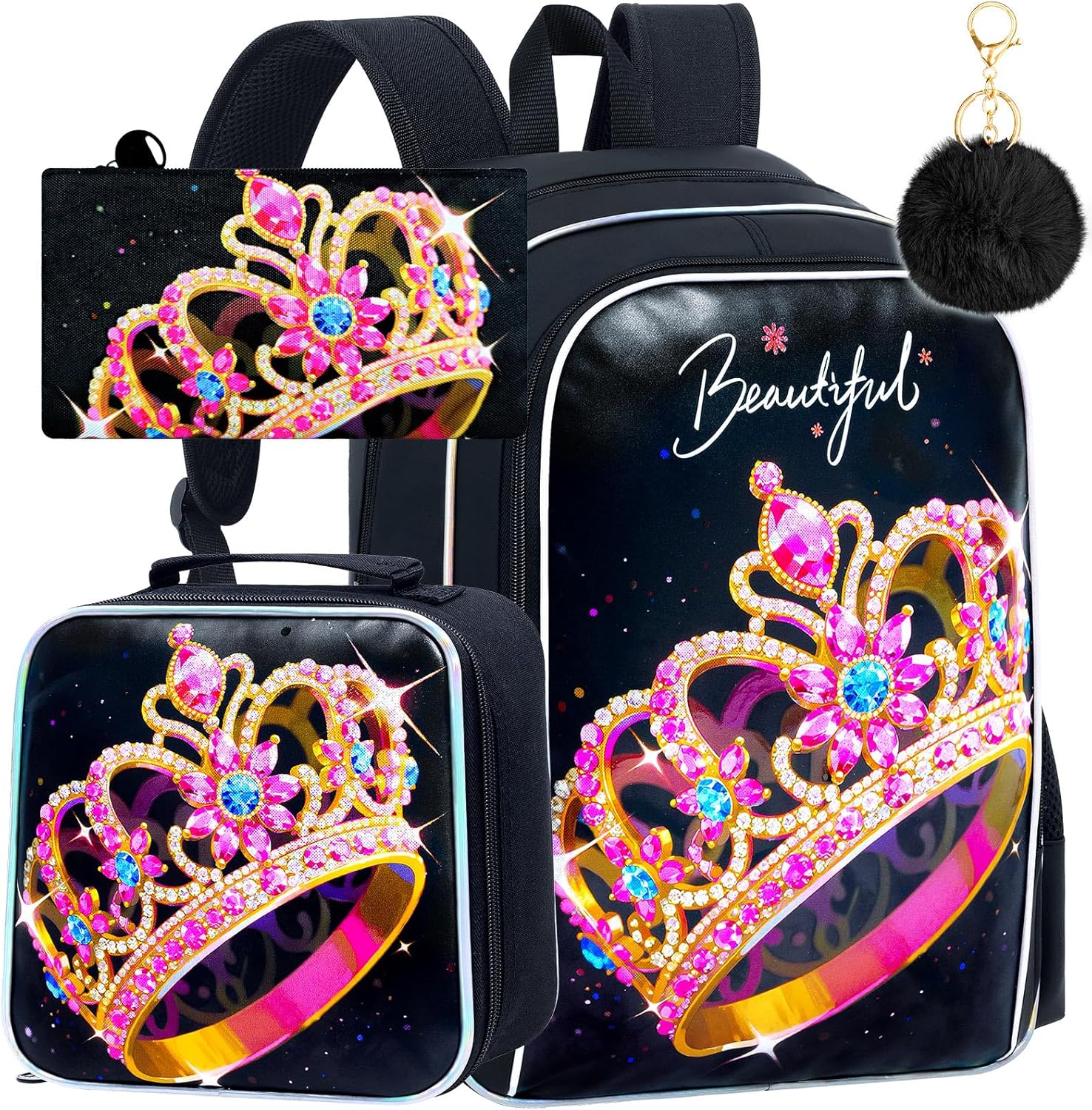 WZLVO 3PCS Crown Backpack for Girls, 16" Glittery UV Printing Kids Bookbag/School Bag with Lunch Box & Pencil Bag for Preschool to Elementary - Golden Crown