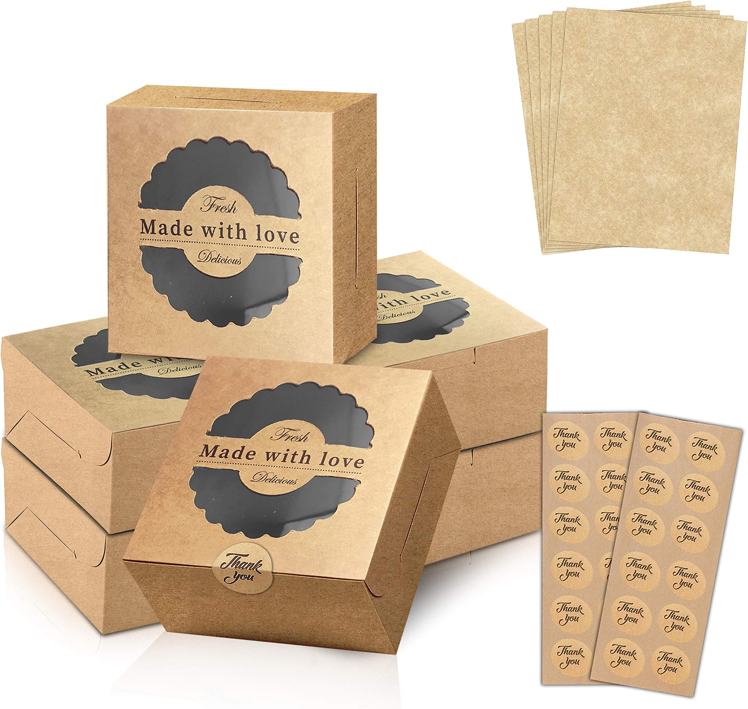 Moment-O-Mania Bakery Boxes –Kraft Boxes With Window –[25Pcs] Dessert Boxes With Parchment Paper & Stickers –Small Box For Cakes, Cupcakes & Cookies – Versatile & Convenient Packaging – 4 X 4 X 3-Inch