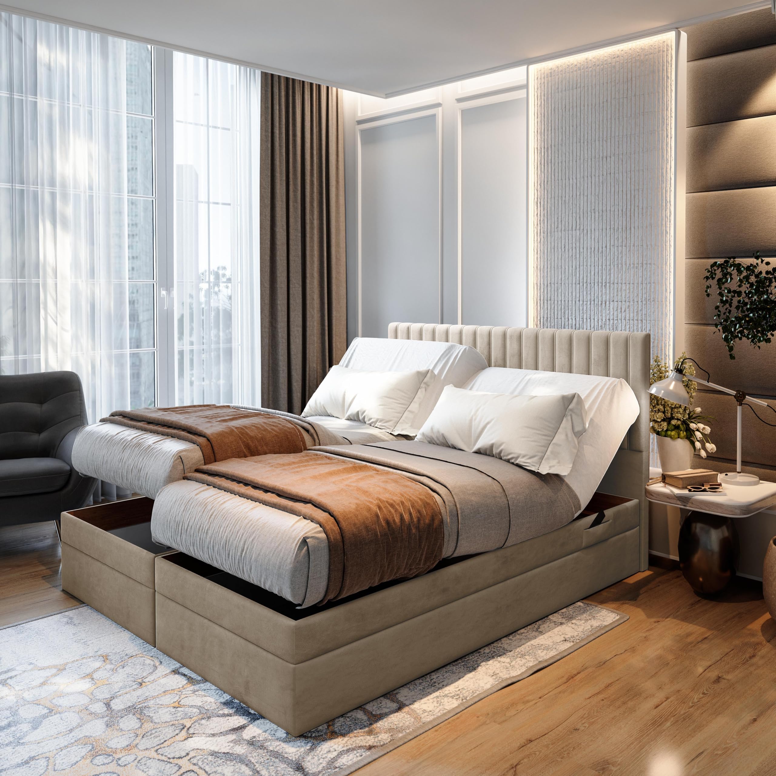 TRADA Letto Contenitore Matrimoniale ADELE, 200x200cm, Beige | Letto Elettrico con Materasso + Tooper e Contenitore - Rivestimento In Tessuto Velour