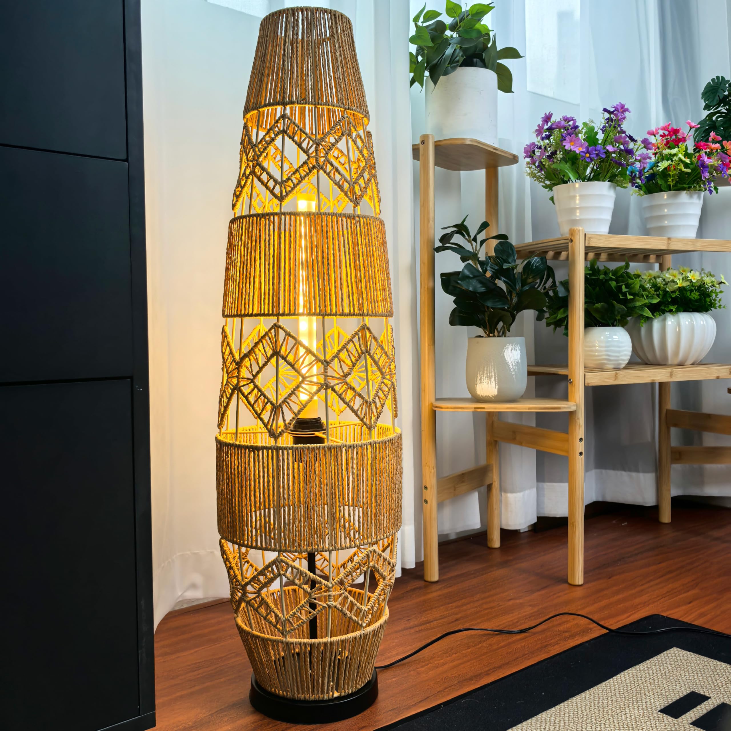 Stehleuchte Handgewebte Rattan Stehlampe 93.5 cm: Boho Standleuchte mit Schirm und Fußschalter, 3 wählbare Farbtemperaturen, Für Wohnzimmer, Esszimmer und Schlafzimmer